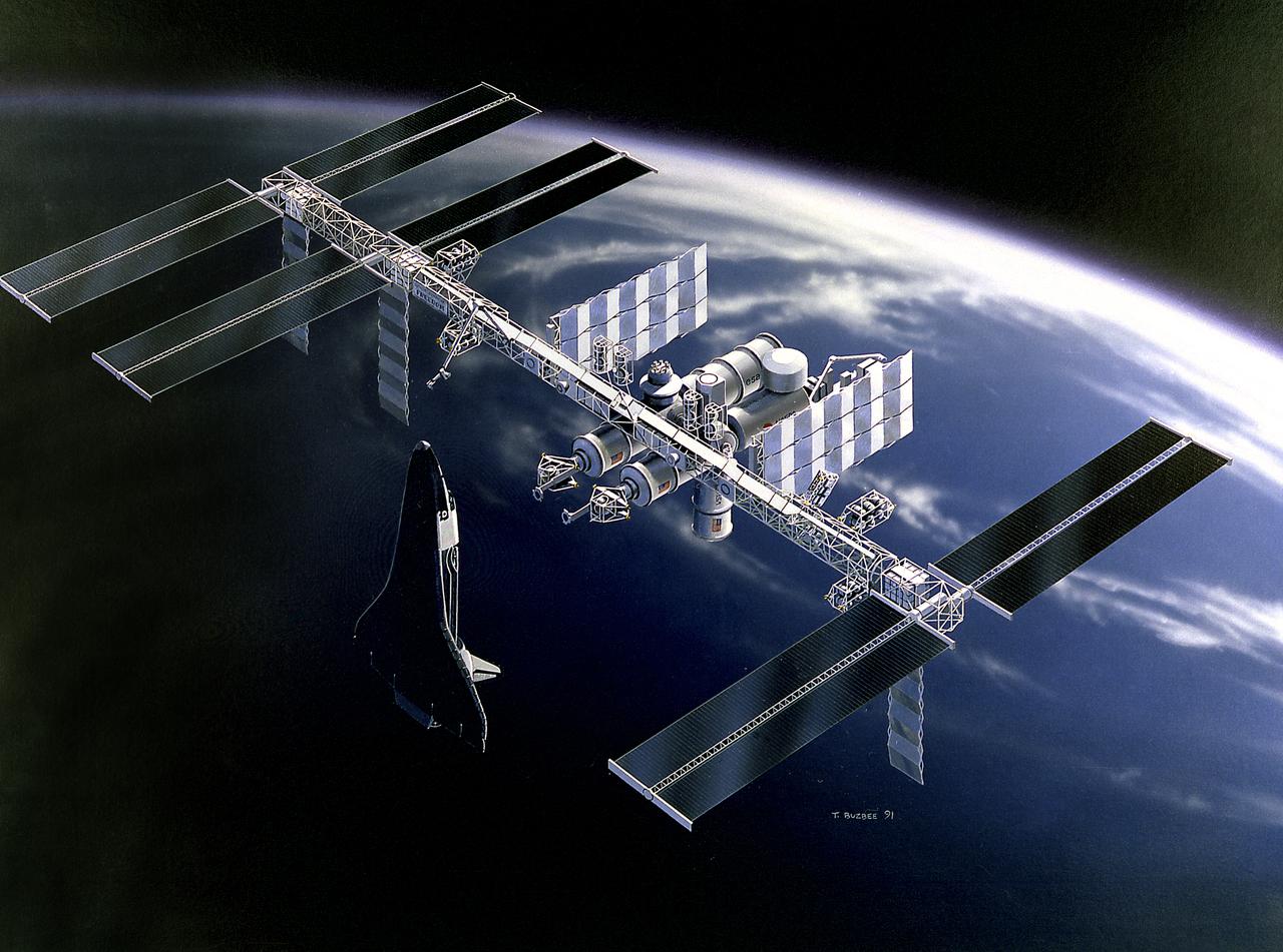 This artist's concept depicts the Space Station Freedom as it would look orbiting the Earth, illustrated by Marshall Space Flight Center artist, Tom Buzbee. Scheduled to be completed in late 1999, this smaller configuration of the Space Station featured a horizontal truss structure that supported U.S., European, and Japanese Laboratory Modules; the U.S. Habitation Module; and three sets of solar arrays. The Space Station Freedom was an international, permanently marned, orbiting base to be assembled in orbit by a series of Space Shuttle missions that were to begin in the mid-1990's.