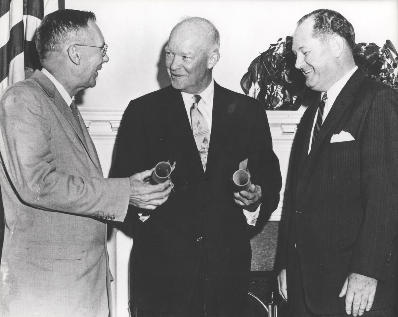 The National Aeronautics and Space Administration (NASA) was created on October 1, 1958, to perform civilian research related to space flight and aeronautics. President Eisenhower commissioned Dr. T. Keith Glennan, right, as the first administrator for NASA and Dr. Hugh L. Dryden as deputy administrator.