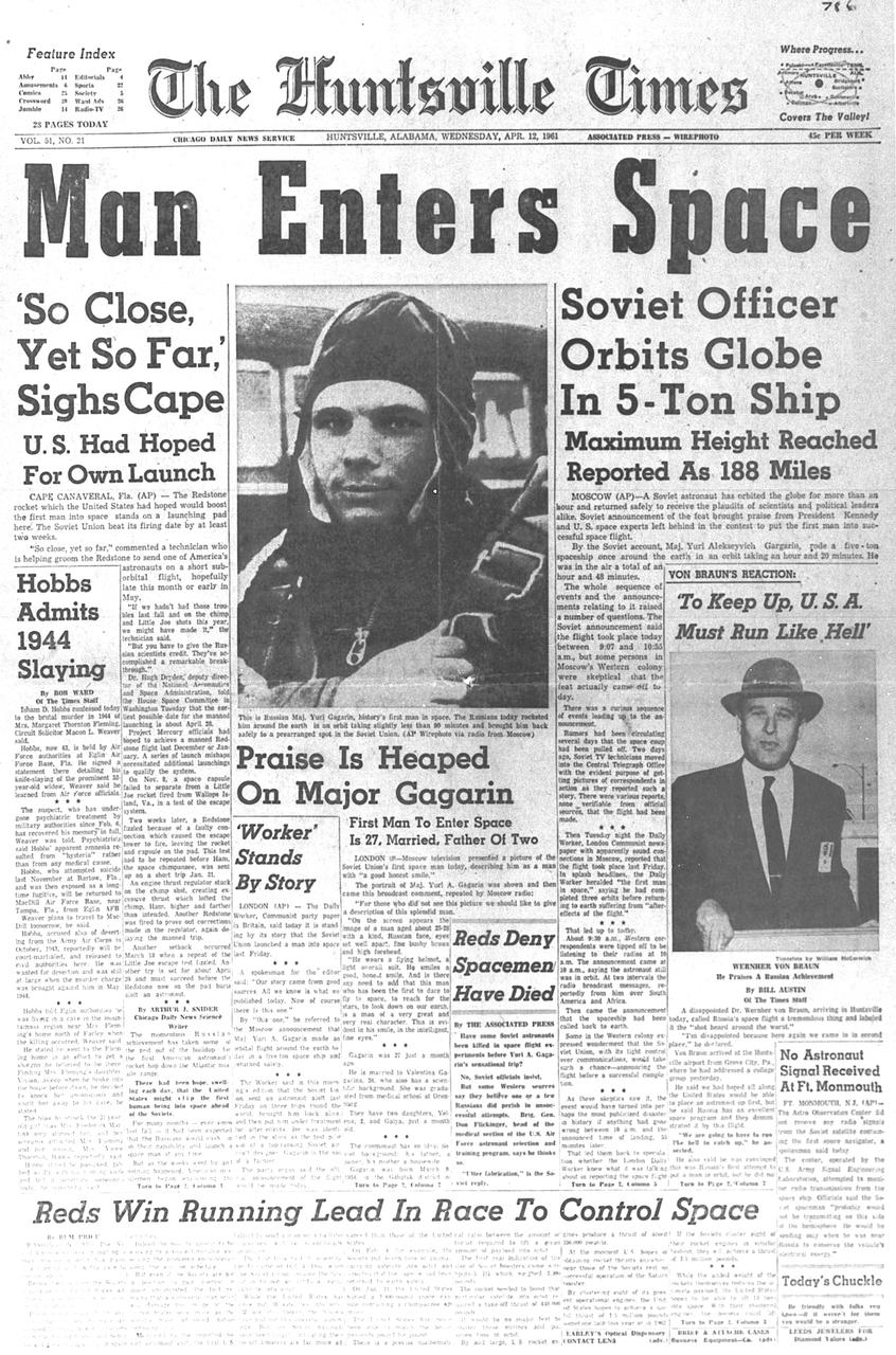 The urgency and importance of the Marshall Space Flight Center's mission in the 1960s was apparent from the begirning. It became even more apparent on April 12, 1962, when the Soviet cosmonaut, Yuri Gagarin, became the first man in space.