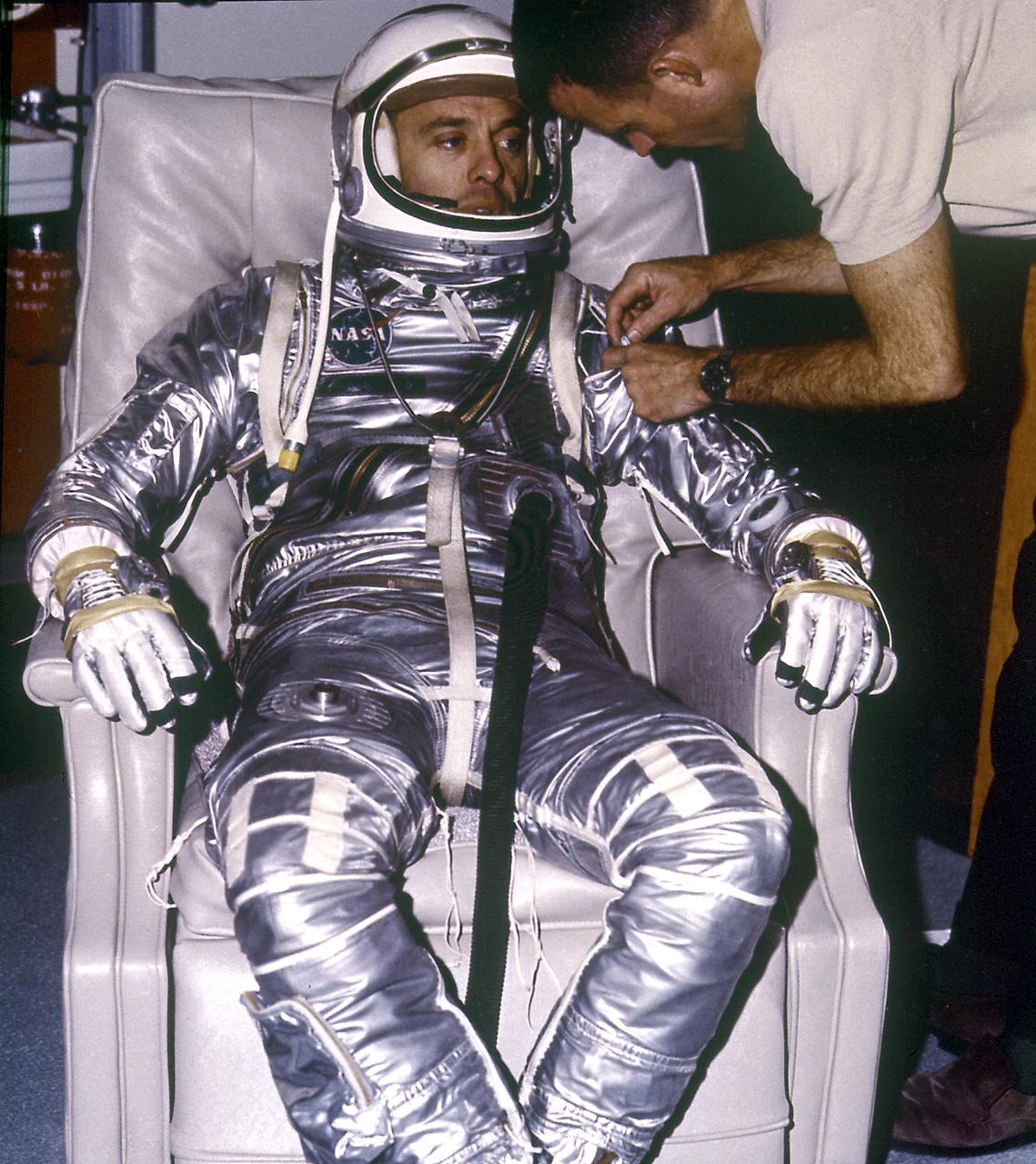 Astronaut Alan B. Shepard, Jr. during suiting for the first manned suborbital flight, MR-3 mission. The Freedom 7 spacecraft, carrying the first American, Astronaut Shepard and boosted by the Mercury-Redstone launch vehicle, lifted off on May 5, 1961.