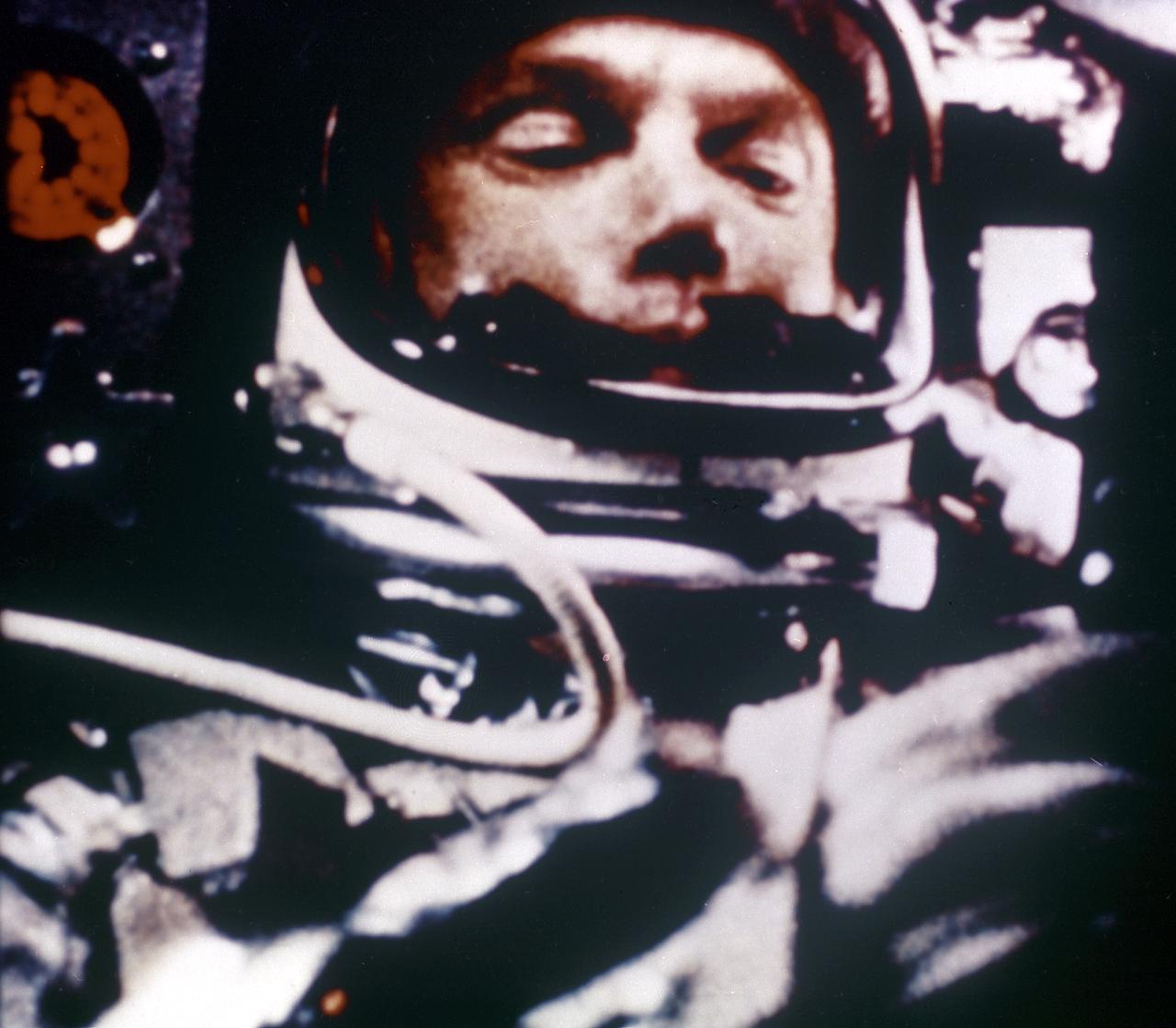 Astronaut John Glenn in the Friendship 7 capsule during the first manned orbital flight, the MA-6 mission. Boosted by the Mercury-Atlas vehicle, a modified Atlas (intercontinental ballistic missile), the MA-6 mission lasted for 5 hours and orbited the Earth three times.