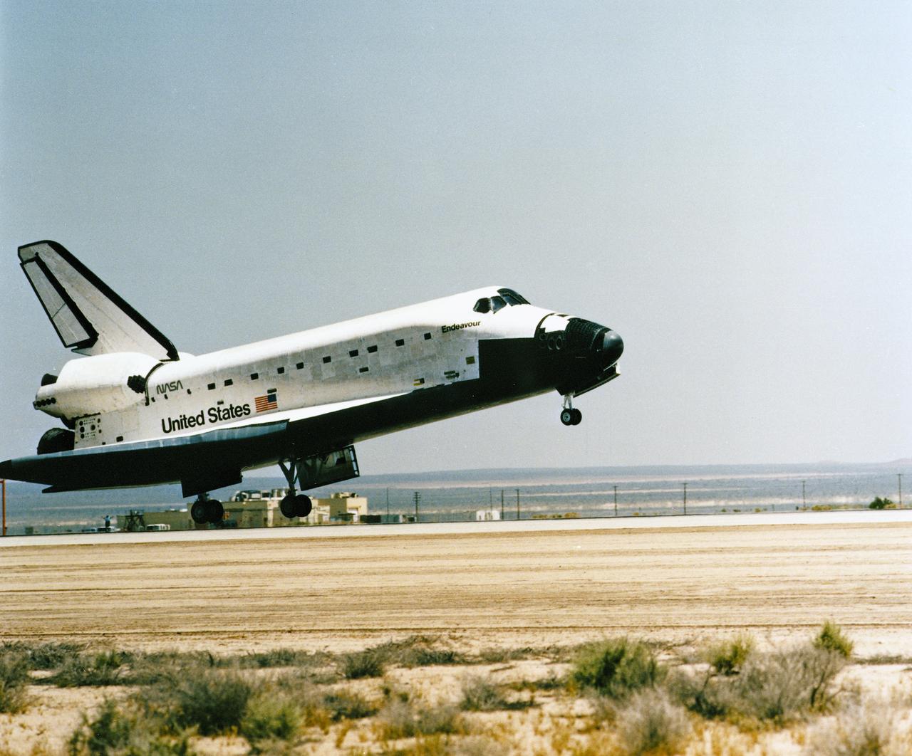 STS-49 Orbiter Endeavour landed at Edwards Air Force Base on May 16, 1992 after a successful nine day mission dedicated to the retrieval, repair, and redeployment of the INTELSAT VI (F-3) satellite. The communication satellite for the International Telecommunication Satellite organization had been stranded in an unusable orbit since its launch aboard the Titan rocket in March 1990. The mission marked the first time 3 astronauts worked simultaneously outside the space craft.