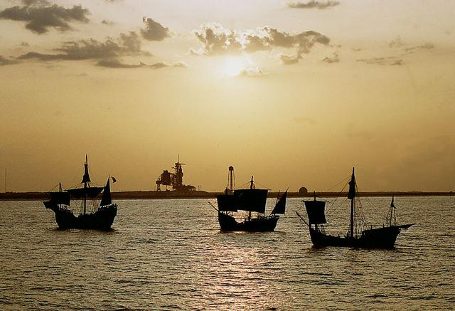On the 500th arniversary of Christopher Columbus' discovery of the New World, replicas of his three ships sailed past the launch pad at the Kennedy Space Center (KSC) while the space shuttle Columbia sat poised for lift off.