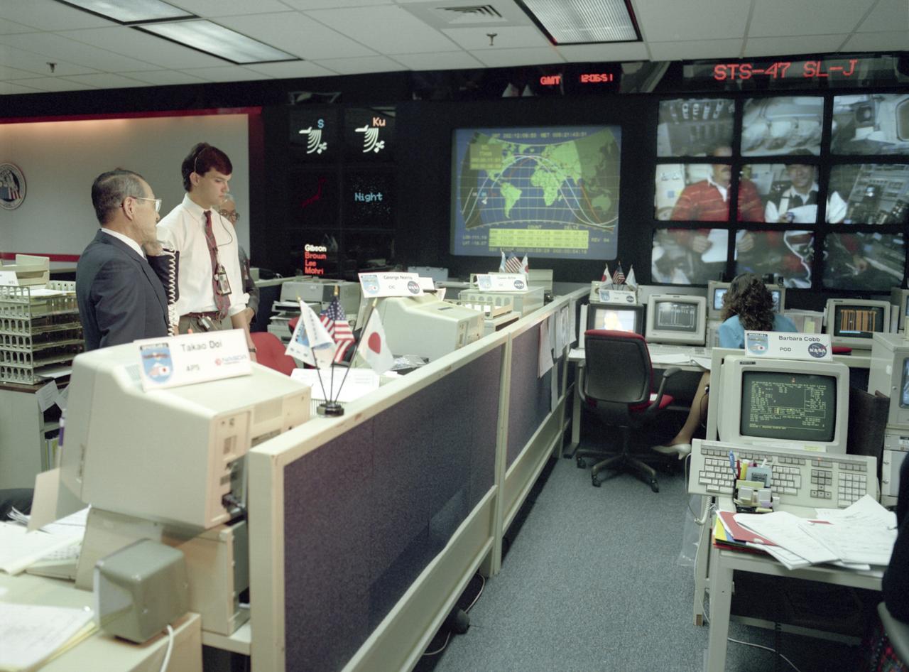 The science laboratory, Spacelab-J (SL-J), flown aboard the STS-47 flight was a joint venture between NASA and the National Space Development Agency of Japan (NASDA) utilizing a manned Spacelab module. The mission conducted 24 materials science and 20 life science experiments, of which 35 were sponsored by NASDA, 7 by NASA, and two collaborative efforts. Materials science investigations covered such fields as biotechnology, electronic materials, fluid dynamics and transport phenomena, glasses and ceramics, metals and alloys, and acceleration measurements. Life sciences included experiments on human health, cell separation and biology, developmental biology, animal and human physiology and behavior, space radiation, and biological rhythms. Test subjects included the crew, Japanese koi fish (carp), cultured animal and plant cells, chicken embryos, fruit flies, fungi and plant seeds, and frogs and frog eggs. From the Huntsville Operations Support Center (HOSC) Spacelab Payload Operations Control Center (SL POCC), NASDA President, Mr. Yamano, speaks to Payload Specialist Mamoru Mohri, a Japanese crew member aboard the STS-47 Spacelab J mission.