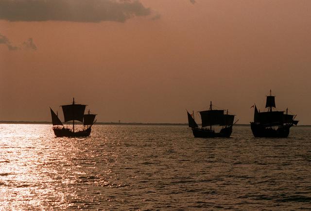 On the 500th arniversary of Christopher Columbus' discovery of the New World, replicas of his three ships sailed past the launch pad at the Kennedy Space Center (KSC) while the space shuttle Columbia sat poised for lift off.