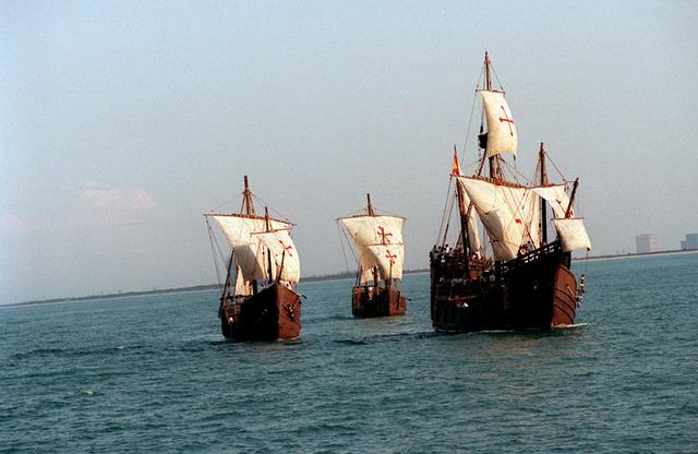 On the 500th arniversary of Christopher Columbus' discovery of the New World, replicas of his three ships sailed past the launch pad at the Kennedy Space Center (KSC) while the space shuttle Columbia sat poised for lift off.
