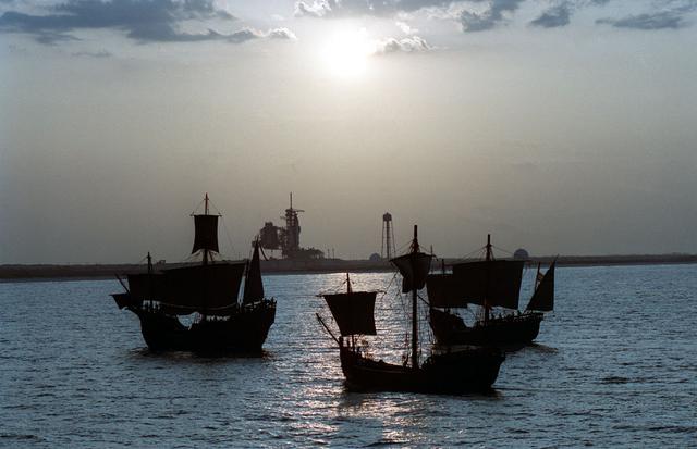 On the 500th arniversary of Christopher Columbus' discovery of the New World, replicas of his three ships sailed past the launch pad at the Kennedy Space Center (KSC) while the space shuttle Columbia sat poised for lift off.