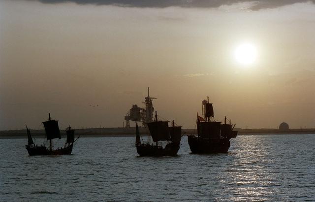 On the 500th arniversary of Christopher Columbus' discovery of the New World, replicas of his three ships sailed past the launch pad at the Kennedy Space Center (KSC) while the space shuttle Columbia sat poised for lift off.