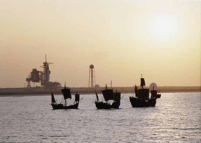 On the 500th arniversary of Christopher Columbus' discovery of the New World, replicas of his three ships sailed past the launch pad at the Kennedy Space Center (KSC) while the space shuttle Columbia sat poised for lift off.