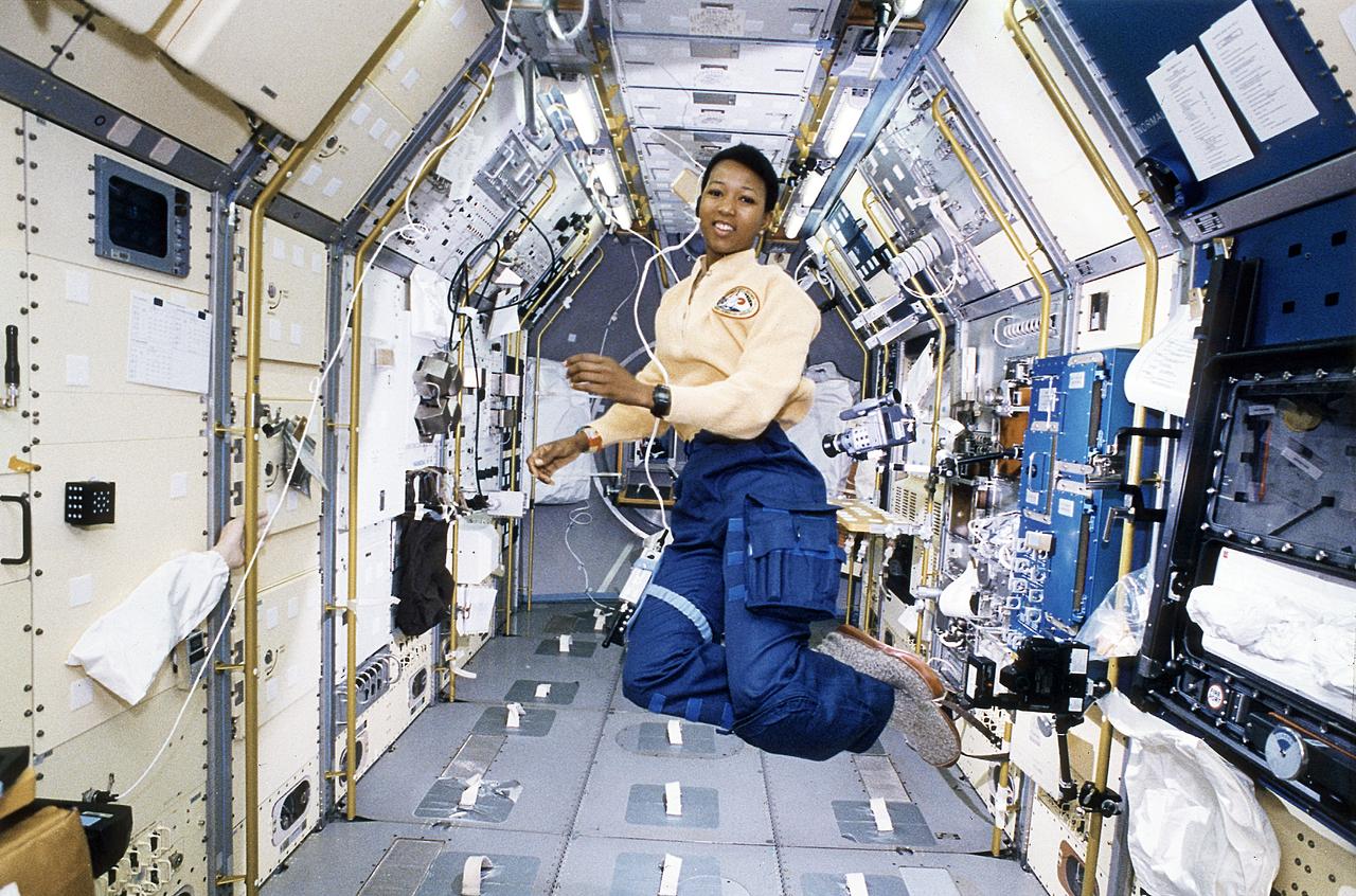 Space Shuttle Endeavour (STS-47) onboard photo of Astronaut Mae Jemison working in Spacelab-J module. Spacelab-J is a combined National Space Development Agency of Japan (NASDA) and NASA mission. The objectives included life sciences, microgravity and technology research.