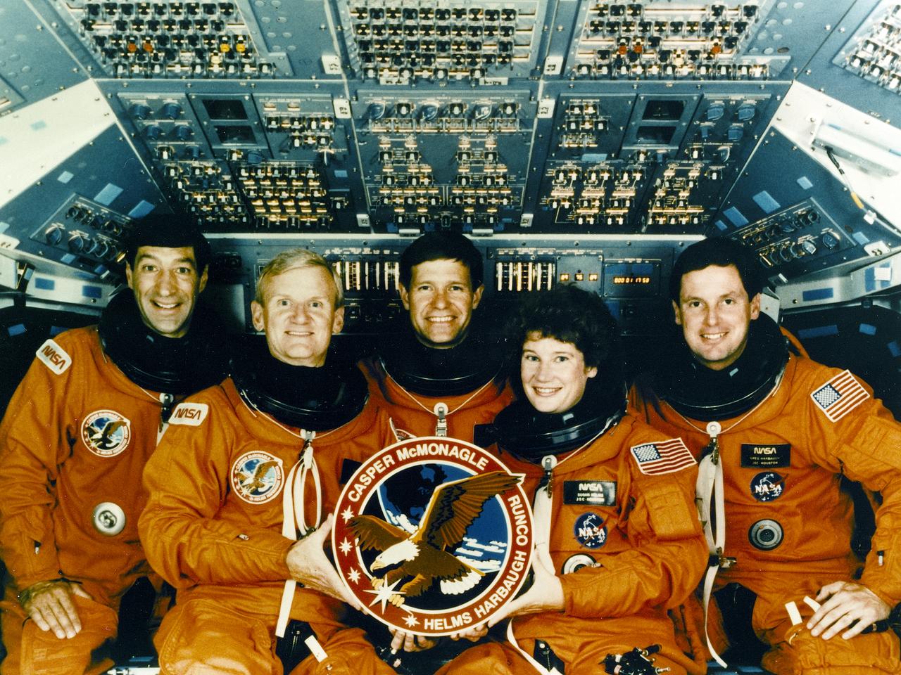 Astronauts pictured in the STS-54 crew portrait from left to right are: Mario Runco, Jr., mission specialist; John H. Casper, commander; Donald R. McMonagle, pilot; and mission specialists Susan J. Helms, and Gregory J. Harbaugh. Launched aboard the Space Shuttle Endeavour on January 13, 1993 at 8:59:30 am (EST), the crew deployed the fifth Tracking and Data Relay Satellite (TDRS-6).