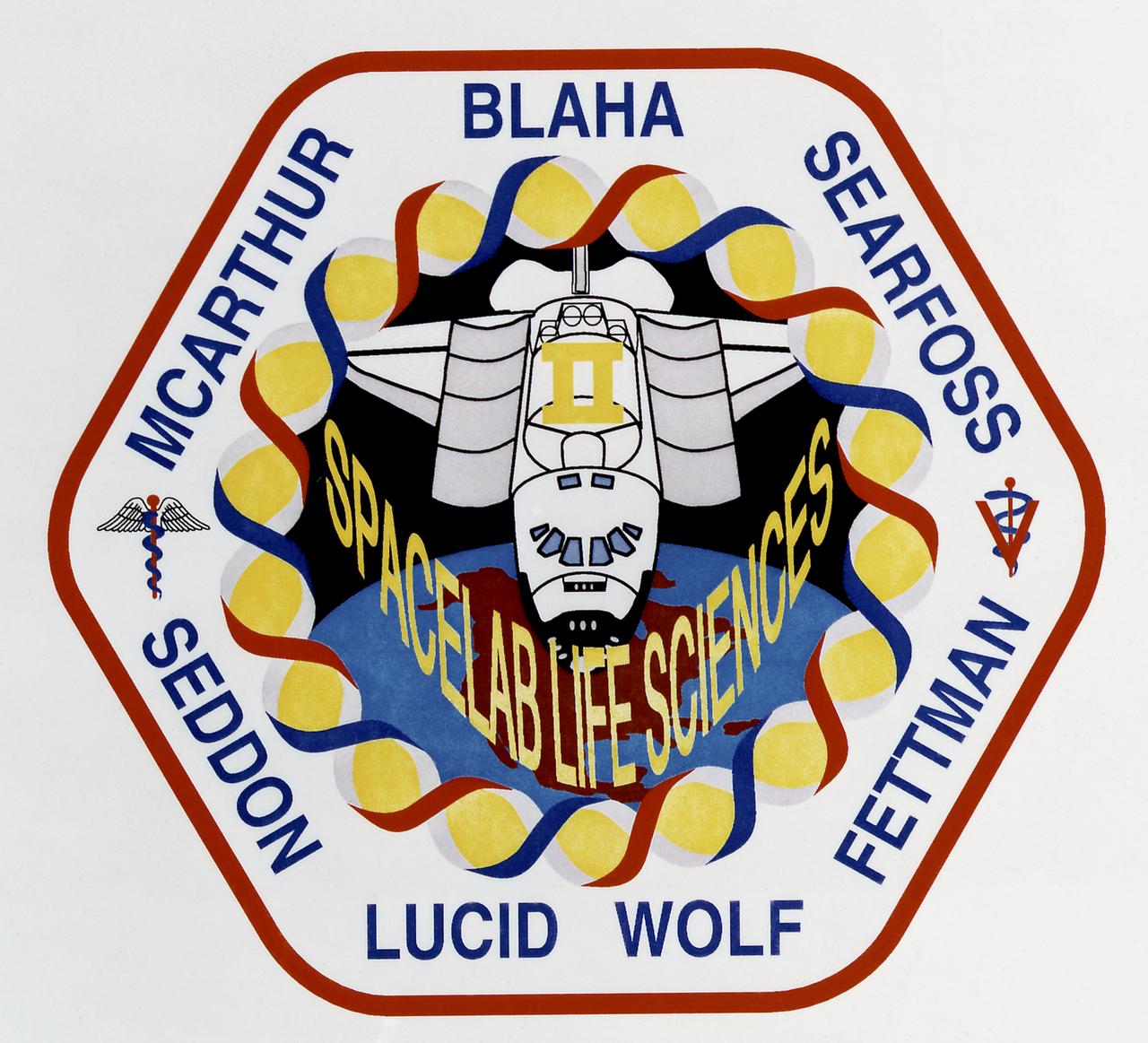 Designed by members of the flight crew, the STS-58 insignia depicts the Space Shuttle Columbia with a Spacelab module in its payload bay in orbit around Earth. The Spacelab and the lettering Spacelab Life Sciences ll highlight the primary mission of the second Space Shuttle flight dedicated to life sciences research. An Extended Duration Orbiter (EDO) support pallet is shown in the aft payload bay, stressing the scheduled two-week duration of the longest Space Shuttle mission to date. The hexagonal shape of the patch depicts the carbon ring, a molecule common to all living organisms. Encircling the inner border of the patch is the double helix of DNA, representing the genetic basis of life. Its yellow background represents the sun, energy source for all life on Earth. Both medical and veterinary caducei are shown to represent the STS- 58 life sciences experiments. The position of the spacecraft in orbit about Earth with the United States in the background symbolizes the ongoing support of the American people for scientific research intended to benefit all mankind. 