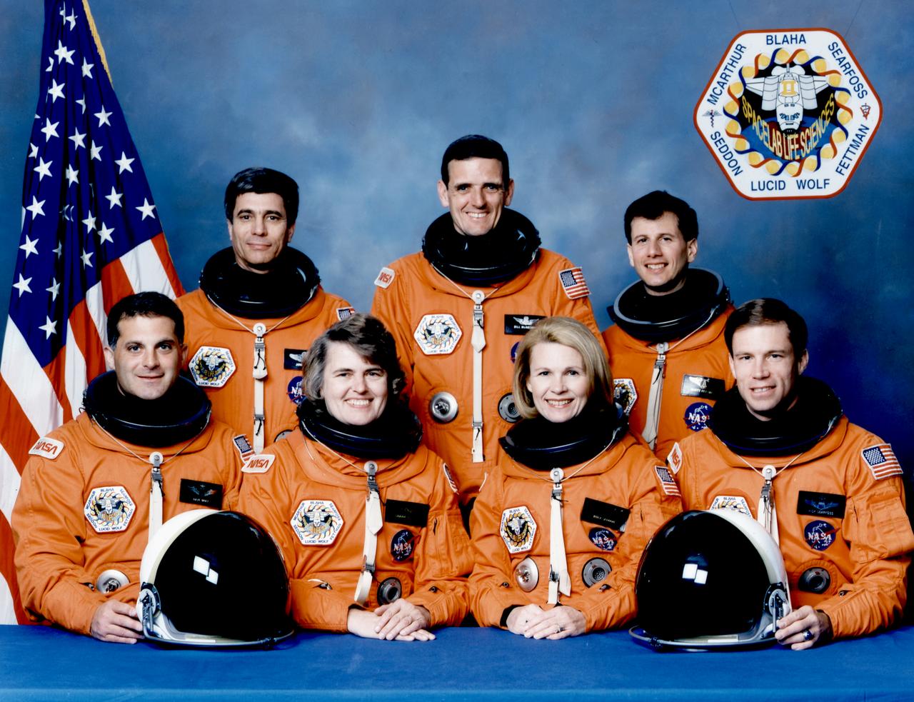 The STS-58 crew portrait includes astronauts (seated left to right) David A. Wolf, Shannon W. Lucid, and Rhea Seddon, all mission specialists; and Richard A. Searfoss, pilot. Standing in the rear, left to right, are John E. Blaha, commander; William S. McArthur, Jr., mission specialist; and Martin J. Fettmen, payload specialist. Launched aboard the Space Shuttle Columbia on October 18, 1993 at 10:53:10 a.m. (EDT), STS-58 served as the second dedicated Spacelab Life Sciences (SLS-2) mission. 