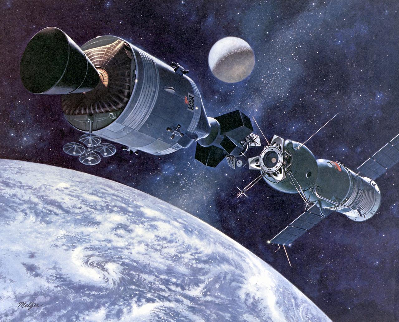 This artist's concept depicts the Apollo-Soyuz Test Project (ASTP), the first international docking of the U.S.'s Apollo spacecraft and the U.S.S.R.'s Soyuz spacecraft in space. The objective of the ASTP mission was to provide the basis for a standardized international system for docking of marned spacecraft. The Soyuz spacecraft, with Cosmonauts Alexei Leonov and Valeri Kubasov aboard, was launched from the Baikonur Cosmodrome near Tyuratam in the Kazakh, Soviet Socialist Republic, at 8:20 a.m. (EDT) on July 15, 1975. The Apollo spacecraft, with Astronauts Thomas Stafford, Vance Brand, and Donald Slayton aboard, was launched from Launch Complex 39B, Kennedy Space Center, Florida, at 3:50 p.m. (EDT) on July 15, 1975. The Primary objectives of the ASTP were achieved. They performed spacecraft rendezvous, docking and undocking, conducted intervehicular crew transfer, and demonstrated the interaction of U.S. and U.S.S.R. control centers and spacecraft crews. The mission marked the last use of a Saturn launch vehicle. The Marshall Space Flight Center was responsible for development and sustaining engineering of the Saturn IB launch vehicle during the mission. 