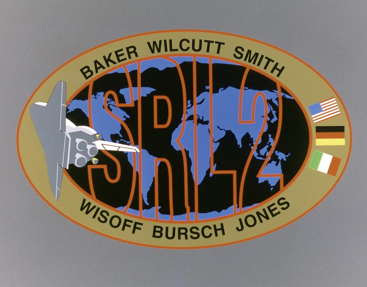 This STS-68 patch was designed by artist Sean Collins. Exploration of Earth from space is the focus of the design of the insignia, the second flight of the Space Radar Laboratory (SRL-2). SRL-2 was part of NASA's Mission to Planet Earth (MTPE) project. The world's land masses and oceans dominate the center field, with the Space Shuttle Endeavour circling the globe. The SRL-2 letters span the width and breadth of planet Earth, symbolizing worldwide coverage of the two prime experiments of STS-68: The Shuttle Imaging Radar-C and X-Band Synthetic Aperture Radar (SIR-C/X-SAR) instruments; and the Measurement of Air Pollution from Satellites (MAPS) sensor. The red, blue, and black colors of the insignia represent the three operating wavelengths of SIR-C/X-SAR, and the gold band surrounding the globe symbolizes the atmospheric envelope examined by MAPS. The flags of international partners Germany and Italy are shown opposite Endeavour. The relationship of the Orbiter to Earth highlights the usefulness of human space flights in understanding Earth's environment, and the monitoring of its changing surface and atmosphere. In the words of the crew members, the soaring Orbiter also typifies the excellence of the NASA team in exploring our own world, using the tools which the Space Program developed to explore the other planets in the solar system. 