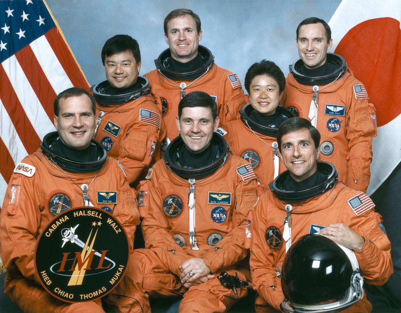 The crew assigned to the STS-65 mission included (seated left to right) Richard J. (Rick) Hieb, payload commander; Robert D. (Bob) Cabana, commander; and Donald A. Thomas, mission specialist. Standing, from left to right, are Leroy Chiao, mission specialist; James D. Halsell, pilot; Chiaki Naito-Mukai, payload specialist; and Carl E. Walz, mission specialist. Launched aboard the Space Shuttle Columbia on July 8, 1994 at 12:43:00 pm (EDT), the STS-64 mission marked the second flight of the International Microgravity Laboratory (IML-2) and the first flight of a female Japanese crew member.