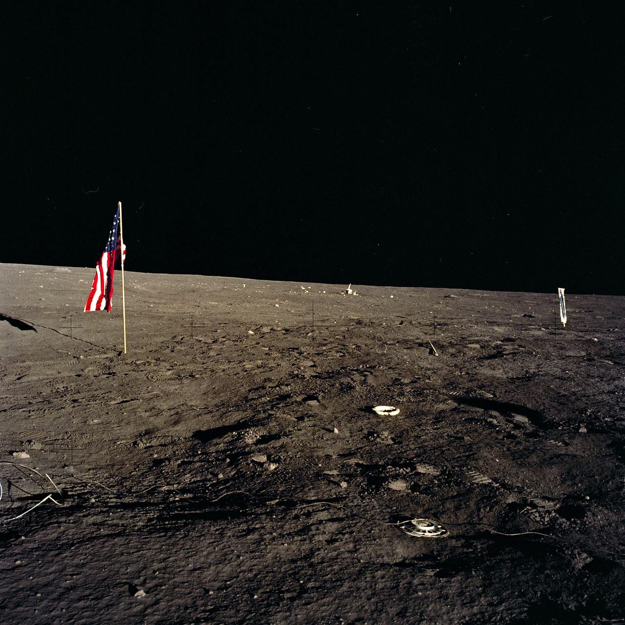 The second manned lunar landing mission, Apollo 12 launched from launch pad 39-A at Kennedy Space Center in Florida on November 14, 1969 via a Saturn V launch vehicle. The Saturn V vehicle was developed by the Marshall Space Flight Center (MSFC) under the direction of Dr. Wernher von Braun. Aboard Apollo 12 was a crew of three astronauts: Alan L. Bean, pilot of the Lunar Module (LM), Intrepid; Richard Gordon, pilot of the Command Module (CM), Yankee Clipper; and Spacecraft Commander Charles Conrad. The LM, Intrepid, landed astronauts Conrad and Bean on the lunar surface in what’s known as the Ocean of Storms while astronaut Richard Gordon piloted the CM, Yankee Clipper, in a parking orbit around the Moon. Lunar soil activities included the deployment of the Apollo Lunar Surface Experiments Package (ALSEP), finding the unmanned Surveyor 3 that landed on the Moon on April 19, 1967, and collecting 75 pounds (34 kilograms) of rock samples. This is the first of 25 images captured by the crew in attempt to provide a 360 degree Lunar surface scene. Apollo 12 safely returned to Earth on November 24, 1969.