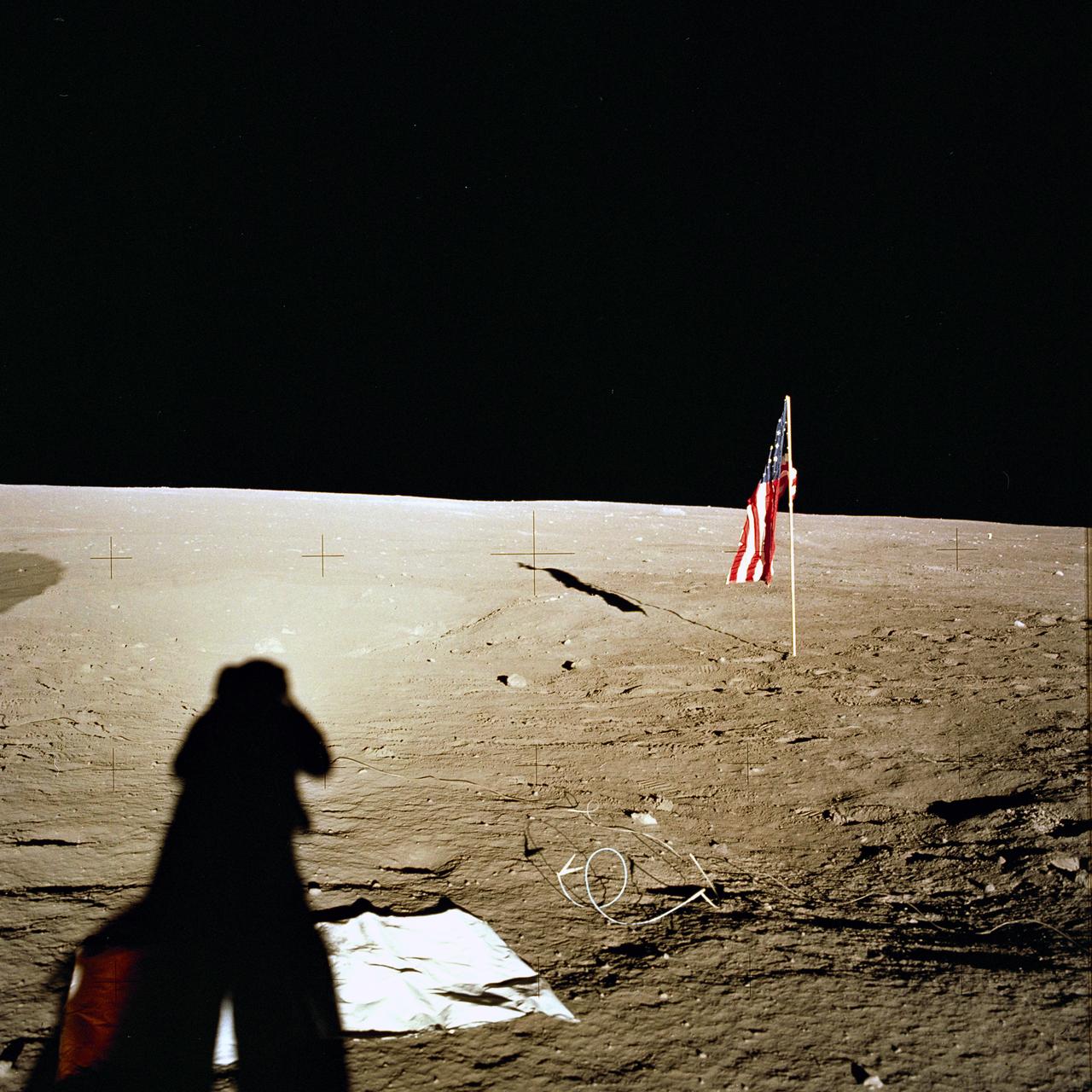 The second manned lunar landing mission, Apollo 12 launched from launch pad 39-A at Kennedy Space Center in Florida on November 14, 1969 via a Saturn V launch vehicle. The Saturn V vehicle was developed by the Marshall Space Flight Center (MSFC) under the direction of Dr. Wernher von Braun. Aboard Apollo 12 was a crew of three astronauts: Alan L. Bean, pilot of the Lunar Module (LM), Intrepid; Richard Gordon, pilot of the Command Module (CM), Yankee Clipper; and Spacecraft Commander Charles Conrad. The LM, Intrepid, landed astronauts Conrad and Bean on the lunar surface in what’s known as the Ocean of Storms while astronaut Richard Gordon piloted the CM, Yankee Clipper, in a parking orbit around the Moon. Lunar soil activities included the deployment of the Apollo Lunar Surface Experiments Package (ALSEP), finding the unmanned Surveyor 3 that landed on the Moon on April 19, 1967, and collecting 75 pounds (34 kilograms) of rock samples. This is the third of 25 images captured by the crew in attempt to provide a 360 degree Lunar surface scene. Apollo 12 safely returned to Earth on November 24, 1969.