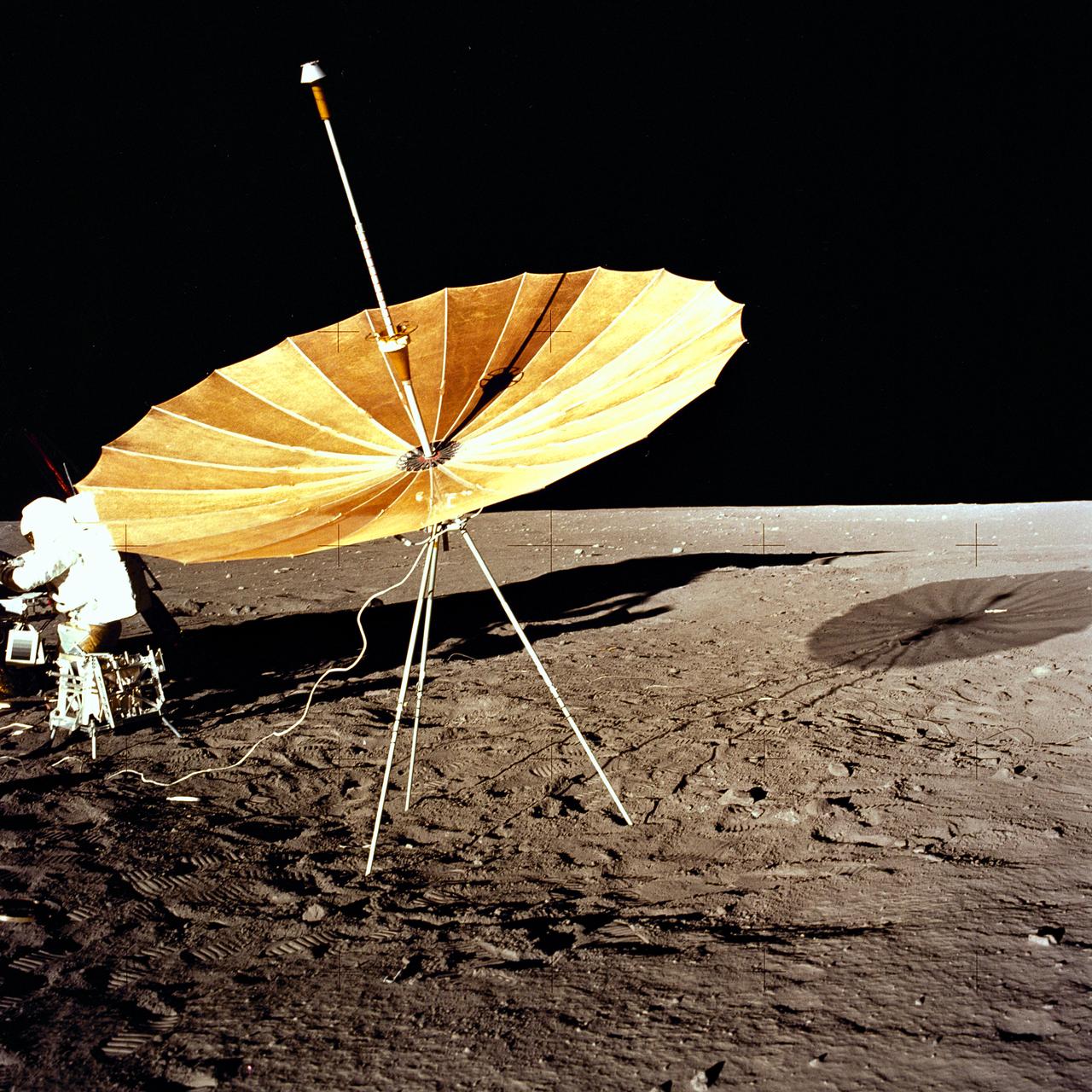 The second manned lunar landing mission, Apollo 12 launched from launch pad 39-A at Kennedy Space Center in Florida on November 14, 1969 via a Saturn V launch vehicle. The Saturn V vehicle was developed by the Marshall Space Flight Center (MSFC) under the direction of Dr. Wernher von Braun. Aboard Apollo 12 was a crew of three astronauts: Alan L. Bean, pilot of the Lunar Module (LM), Intrepid; Richard Gordon, pilot of the Command Module (CM), Yankee Clipper; and Spacecraft Commander Charles Conrad. The LM, Intrepid, landed astronauts Conrad and Bean on the lunar surface in what’s known as the Ocean of Storms while astronaut Richard Gordon piloted the CM, Yankee Clipper, in a parking orbit around the Moon. Lunar soil activities included the deployment of the Apollo Lunar Surface Experiments Package (ALSEP), finding the unmanned Surveyor 3 that landed on the Moon on April 19, 1967, and collecting 75 pounds (34 kilograms) of rock samples. This is the sixth of 25 images captured by the crew in attempt to provide a 360 degree Lunar surface scene. Apollo 12 safely returned to Earth on November 24, 1969.