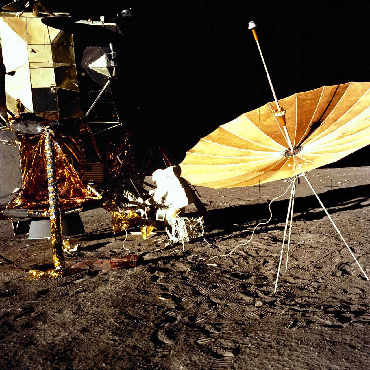 The second manned lunar landing mission, Apollo 12 launched from launch pad 39-A at Kennedy Space Center in Florida on November 14, 1969 via a Saturn V launch vehicle. The Saturn V vehicle was developed by the Marshall Space Flight Center (MSFC) under the direction of Dr. Wernher von Braun. Aboard Apollo 12 was a crew of three astronauts: Alan L. Bean, pilot of the Lunar Module (LM), Intrepid; Richard Gordon, pilot of the Command Module (CM), Yankee Clipper; and Spacecraft Commander Charles Conrad. The LM, Intrepid, landed astronauts Conrad and Bean on the lunar surface in what’s known as the Ocean of Storms while astronaut Richard Gordon piloted the CM, Yankee Clipper, in a parking orbit around the Moon. Lunar soil activities included the deployment of the Apollo Lunar Surface Experiments Package (ALSEP), finding the unmanned Surveyor 3 that landed on the Moon on April 19, 1967, and collecting 75 pounds (34 kilograms) of rock samples. This is the seventh of 25 images captured by the crew in attempt to provide a 360 degree Lunar surface scene. Apollo 12 safely returned to Earth on November 24, 1969.