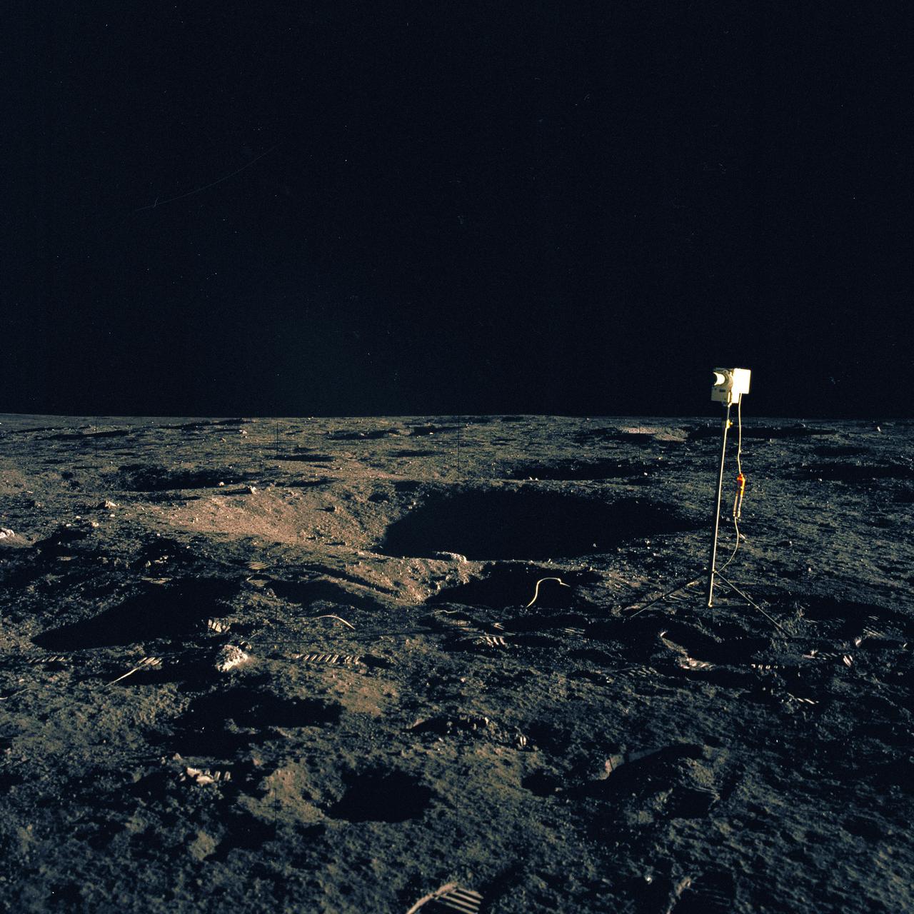 The second manned lunar landing mission, Apollo 12, launched from launch pad 39-A at Kennedy Space Center in Florida on November 14, 1969 via a Saturn V launch vehicle. The Saturn V vehicle was developed by the Marshall Space Flight Center (MSFC) under the direction of Dr. Wernher von Braun. Aboard Apollo 12 was a crew of three astronauts: Alan L. Bean, pilot of the Lunar Module (LM), Intrepid; Richard Gordon, pilot of the Command Module (CM), Yankee Clipper; and Spacecraft Commander Charles Conrad. The LM, Intrepid, landed astronauts Conrad and Bean on the lunar surface in what’s known as the Ocean of Storms while astronaut Richard Gordon piloted the CM, Yankee Clipper, in a parking orbit around the Moon. Lunar soil activities included the deployment of the Apollo Lunar Surface Experiments Package (ALSEP), finding the unmanned Surveyor 3 that landed on the Moon on April 19, 1967, and collecting 75 pounds (34 kilograms) of rock samples. This is the twenty-first of 25 images captured by the crew in attempt to provide a 360 degree Lunar surface scene. Apollo 12 safely returned to Earth on November 24, 1969.