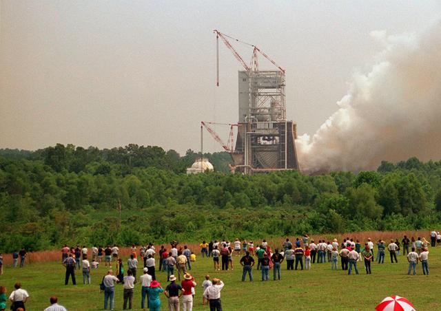On the 25th Anniversary of the Apollo-11 space launch, Marshall celebrated with a test firing of the Space Shuttle Main Engine at the Technology Test Bed (SSME-TTB). This drew a large crowd who stood in the fields around the test site and watched as plumes of white smoke verified ignition.