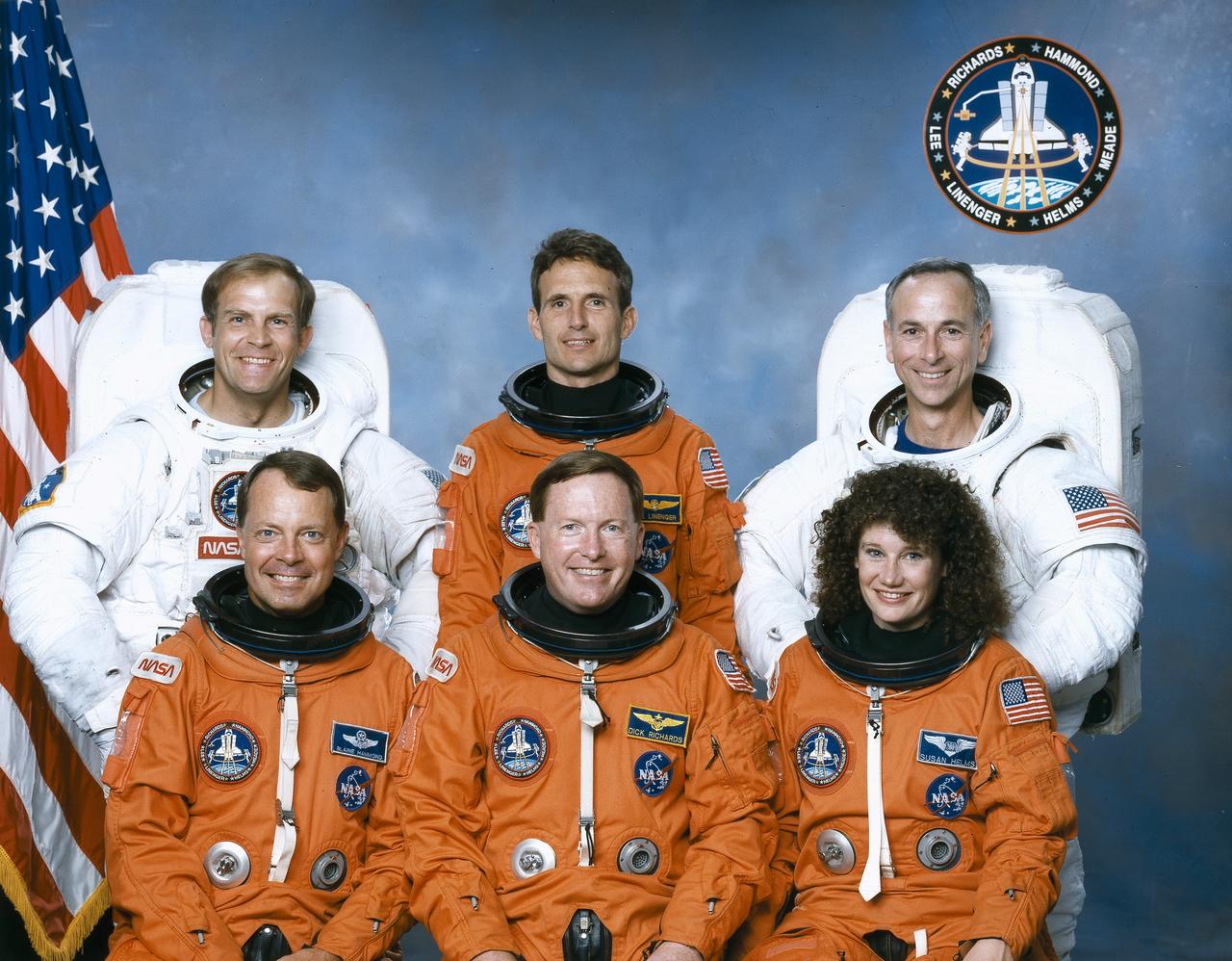 The crew assigned to the STS-64 mission included Richard N. Richards, commander (center front); L. Blaine Hammond Jr., pilot (front left); and Susan J. Helms, mission specialist (front right). On the back row, from left to right, are Mark C. Lee, Jerry M. Linenger, and Carl J. Meade, all mission specialists. Launched aboard the Space Shuttle Discovery on September 9, 1994 at 6:22:55 pm (EDT), the STS-64 mission marked the first flight of the Lidar In-Space Technology Experiment (LITE) and the first untethered Extravehicular Activity (EVA) in ten years.