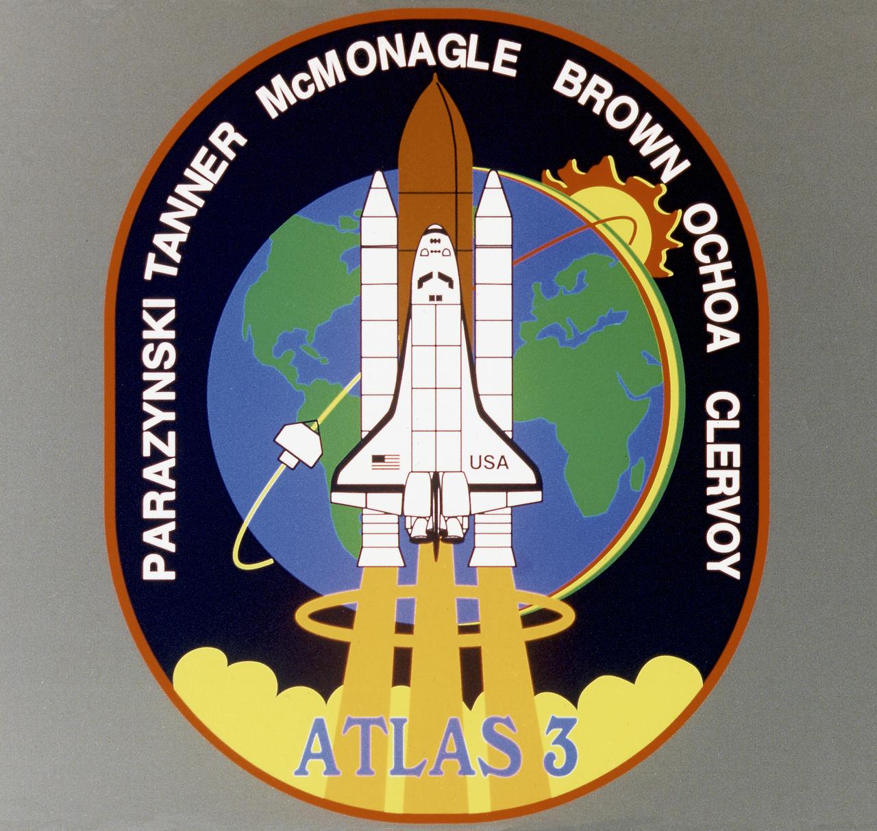 Designed by the mission crew members, the STS-66 emblem depicts the Space Shuttle Atlantis launching into Earth orbit to study global environmental change. The payload for the Atmospheric Laboratory for Applications and Science (ATLAS-3) and complementary experiments were part of a continuing study of the atmosphere and the Sun's influence on it. The Space Shuttle is trailed by gold plumes representing the astronaut symbol and is superimposed over Earth, much of which is visible from the flight's high inclination orbit. Sensitive instruments aboard the ATLAS pallet in the Shuttle payload bay and on the free-flying Cryogenic Infrared Spectrometers and Telescopes for the Atmospheric-Shuttle Pallet Satellite (CHRISTA-SPAS) that gazed down on Earth and toward the Sun, are illustrated by the stylized sunrise and visible spectrum.