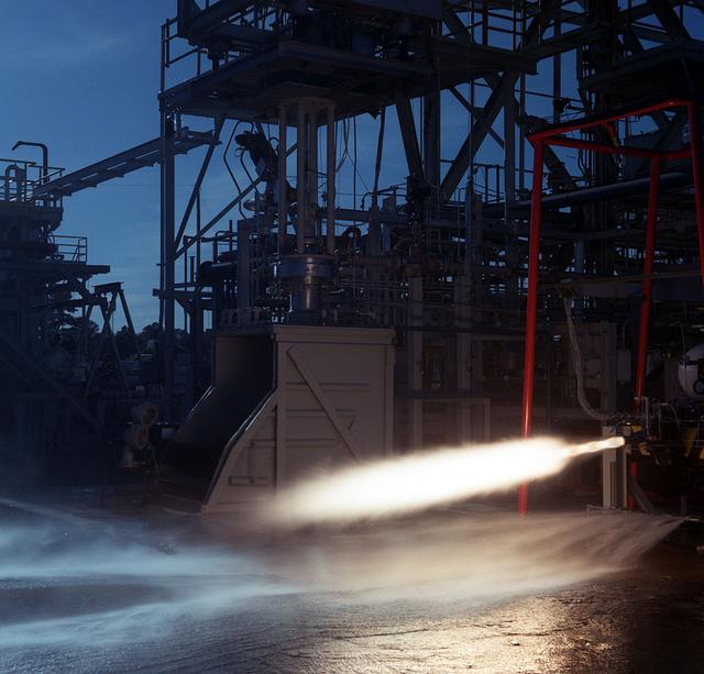 A sub-scale Vernier hydrogen engine firing at Marshall's Test Stand 116. The Vernier engine is being tested for sub-orbital flight use.