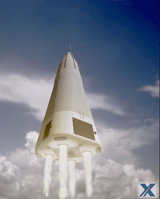 Pictured here is a DC-XA Reusable Launch Vehicle (RLV) prototype concept with an RLV logo. The Delta Clipper-Experimental (DC-X) was originally developed by McDornell Douglas for the Department of Defense (DOD). The DC-XA is a single-stage-to-orbit, vertical takeoff/vertical landing, launch vehicle concept, whose development is geared to significantly reduce launch costs and will provide a test bed for NASA Reusable Launch Vehicle (RLV) technology as the Delta Clipper-Experimental Advanced (DC-XA).