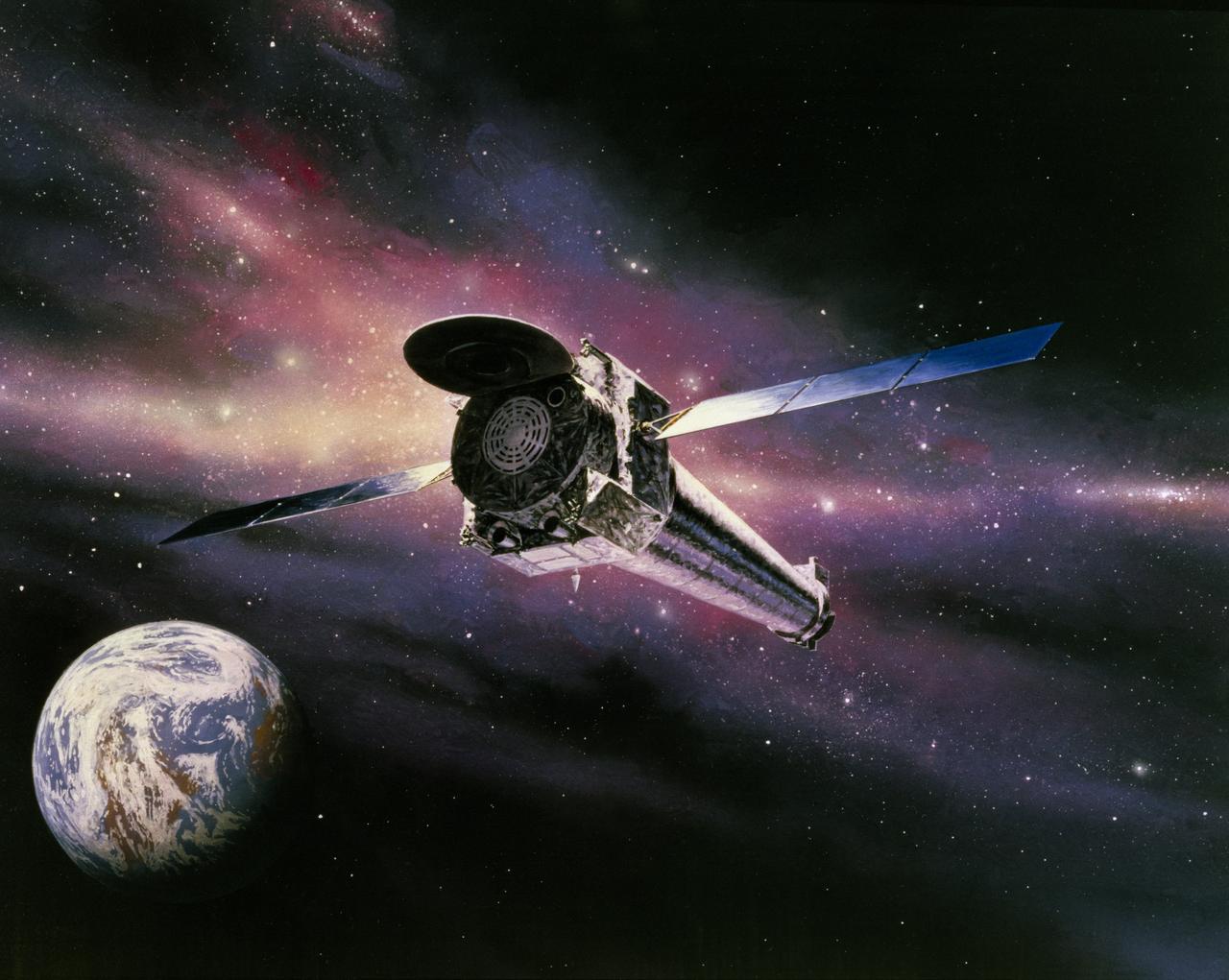 This is an artist's concept of the Chandra X-Ray Observatory (CXO), formerly Advanced X-Ray Astrophysics Facility (AXAF), fully developed in orbit in a star field with Earth. In 1999, the AXAF was renamed the CXO in honor of the late Indian-American Novel Laureate Subrahmanyan Chandrasekhar. The CXO is the most sophisticated and the world's most powerful x-ray telescope ever built. It is designed to observe x-rays from high energy regions of the Universe, such as hot gas in the renmants of exploded stars. It produces picture-like images of x-ray emissions analogous to those made in visible light, as well as gathers data on the chemical composition of x-ray radiating objects. The CXO helps astronomers world-wide better understand the structure and evolution of the universe by studying powerful sources of x-ray such as exploding stars, matter falling into black holes, and other exotic celestial objects. The Observatory has three major parts: (1) the x-ray telescope, whose mirrors will focus x-rays from celestial objects; (2) the science instruments that record the x-rays so that x-ray images can be produced and analyzed; and (3) the spacecraft, which provides the environment necessary for the telescope and the instruments to work. TRW, Inc. was the prime contractor for the development the CXO and NASA's Marshall Space Flight Center was responsible for its project management. The Smithsonian Astrophysical Observatory controls science and flight operations of the CXO for NASA from Cambridge, Massachusetts. The Observatory was launched July 22, 1999 aboard the Space Shuttle Columbia, STS-93 mission. (Image courtesy of TRW).