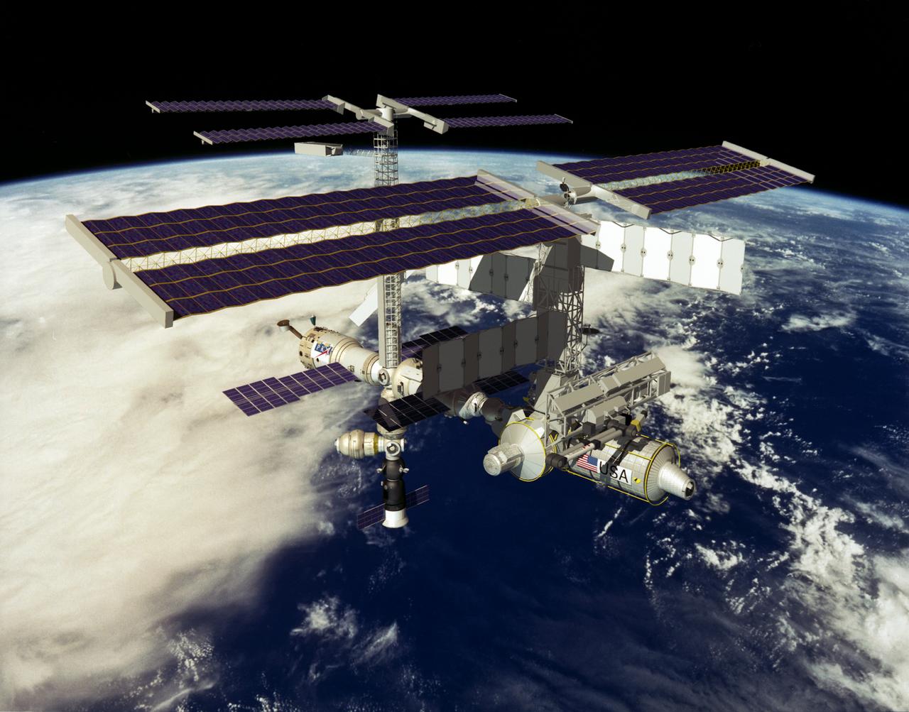 This computer generated scene of the International Space Station (ISS) represents the first addition of hardware following the completion of Phase II. The 8-A Phase shows the addition of the S-9 truss.