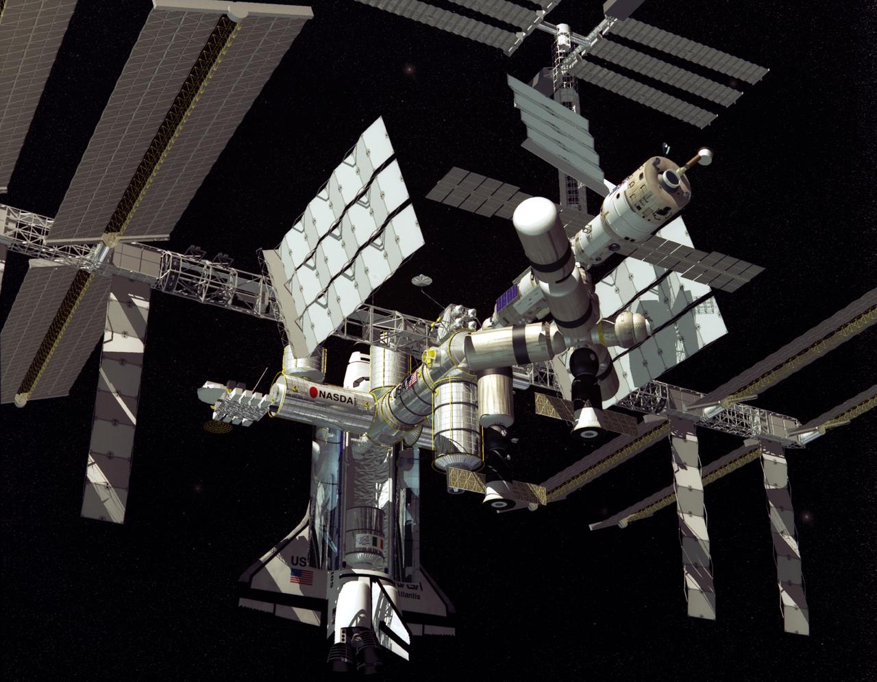 International Cooperation Phase III: A Space Shuttle docked to the International Space Station (ISS) in this computer generated representation of the ISS in its completed and fully operational state with elements from the U.S., Europe, Canada, Japan, and Russia.