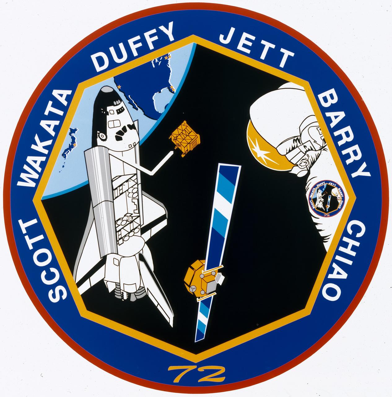 The crew patch of STS-72 depicts the Space Shuttle Endeavour and some of the payloads on the flight. The Japanese satellite, Space Flyer Unit (SFU) is shown in a free-flying configuration with the solar array panels deployed. The inner gold border of the patch represents the SFU's distinct octagonal shape. Endeavour’s rendezvous with and retrieval of SFU at an altitude of approximately 250 nautical miles. The Office of Aeronautics and Space Technology's (OAST) flyer satellite is shown just after release from the Remote Manipulator System (RMS). The OAST satellite was deployed at an altitude of 165 nautical miles. The payload bay contains equipment for the secondary payloads - the Shuttle Laser Altimeter (SLA) and the Shuttle Solar Backscatter Ultraviolet Instrument (SSBUV). There were two space walks planned to test hardware for assembly of the International Space Station. The stars represent the hometowns of the crew members in the United States and Japan. 