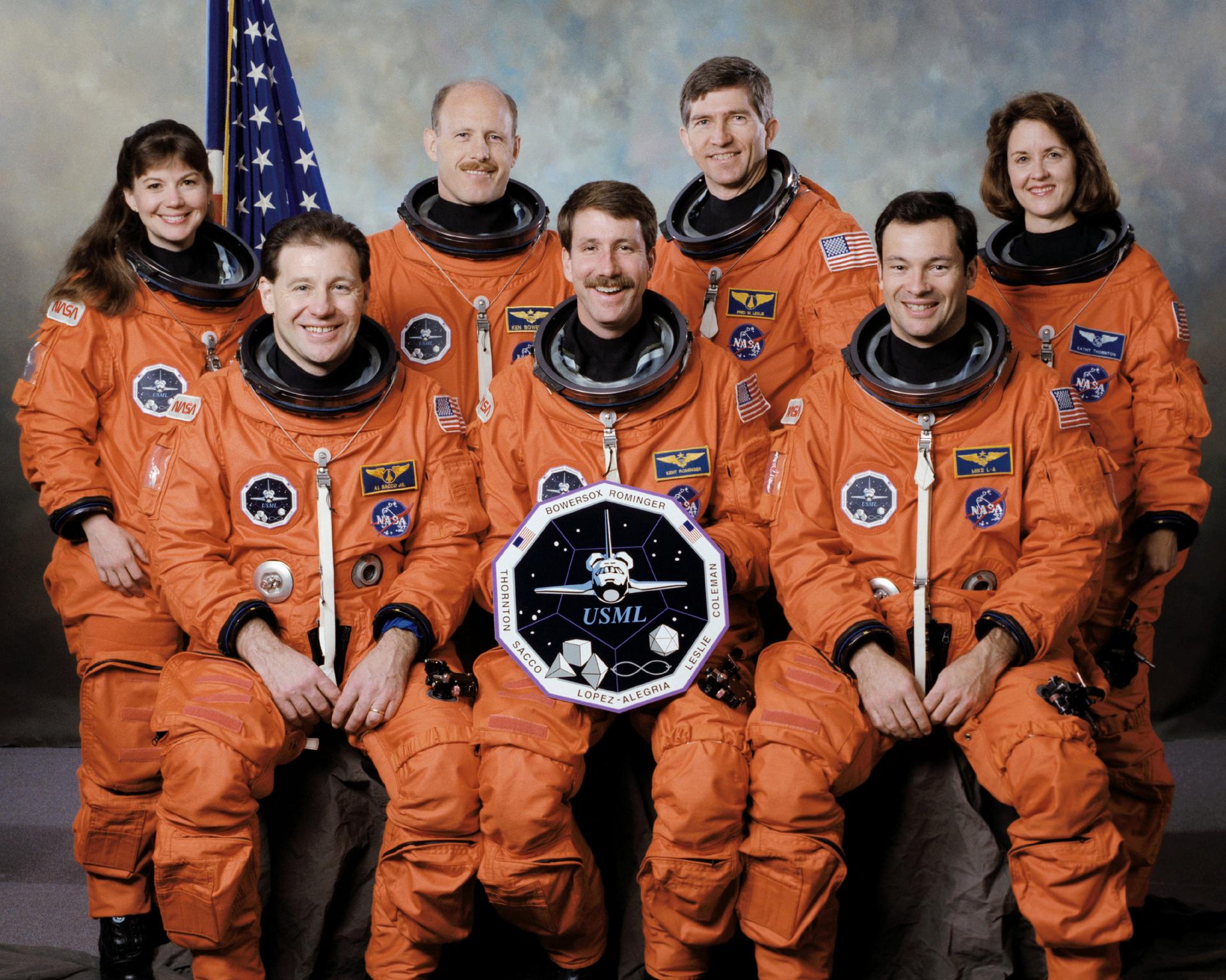 Five men and two women in orange spacesuits pose for crew photo in front of American flag.