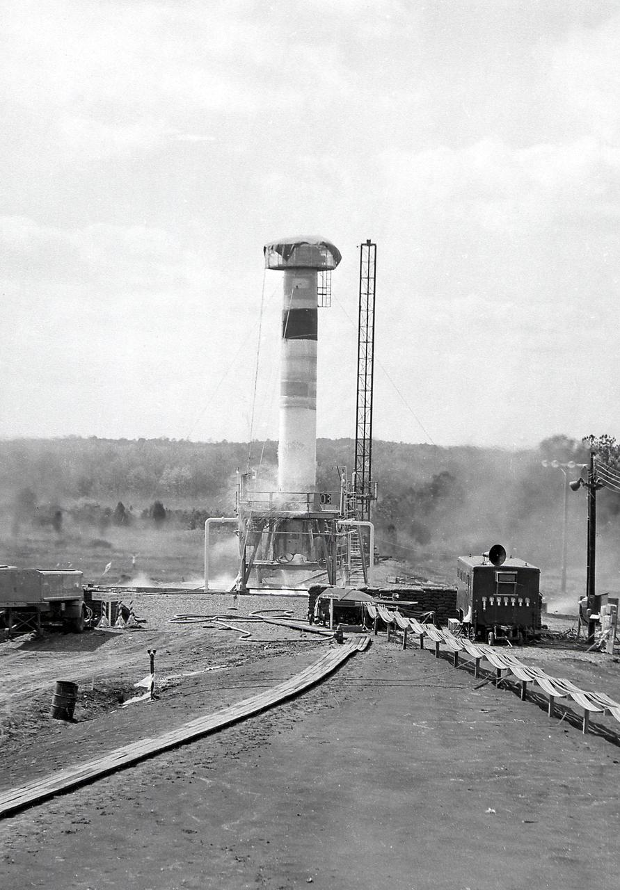Test firing of a Redstone Missile at Redstone Test Stand in the early 1950's. The Redstone was a high-accuracy, liquid-propelled, surface-to-surface missile developed by the von Braun Team under the management of the U.S. Army. The Redstone was the first major rocket development program in the United States.