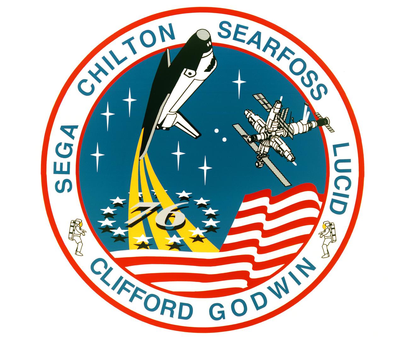 The STS-76 crew patch depicts the Space Shuttle Atlantis and Russia's Mir Space Station as the space ships prepare for a rendezvous and docking. The Spirit of 76, an era of new beginnings, is represented by the Space Shuttle rising through the circle of 13 stars in the Betsy Ross flag. STS-76 begins a new period of international cooperation in space exploration with the first Shuttle transport of a United States astronaut, Shannon W. Lucid, to the Mir Space Station for extended joint space research. Frontiers for future exploration are represented by stars and the planets. The three gold trails and the ring of stars in union form the astronaut logo. Two suited extravehicular activity (EVA) crew members in the outer ring represent the first EVA during Shuttle-Mir docked operations. The EVA objectives were to install science experiments on the Mir exterior and to develop procedures for future EVA's on the International Space Station. The surnames of the crew members encircle the patch: Kevin P. Chilton, mission commander; Richard A. Searfoss, pilot; Ronald M. Sega, Michael R. ( Rich) Clifford, Linda M. Godwin and Lucid, all mission specialists. This patch was designed by Brandon Clifford, age 12, and the crew members of STS-76.