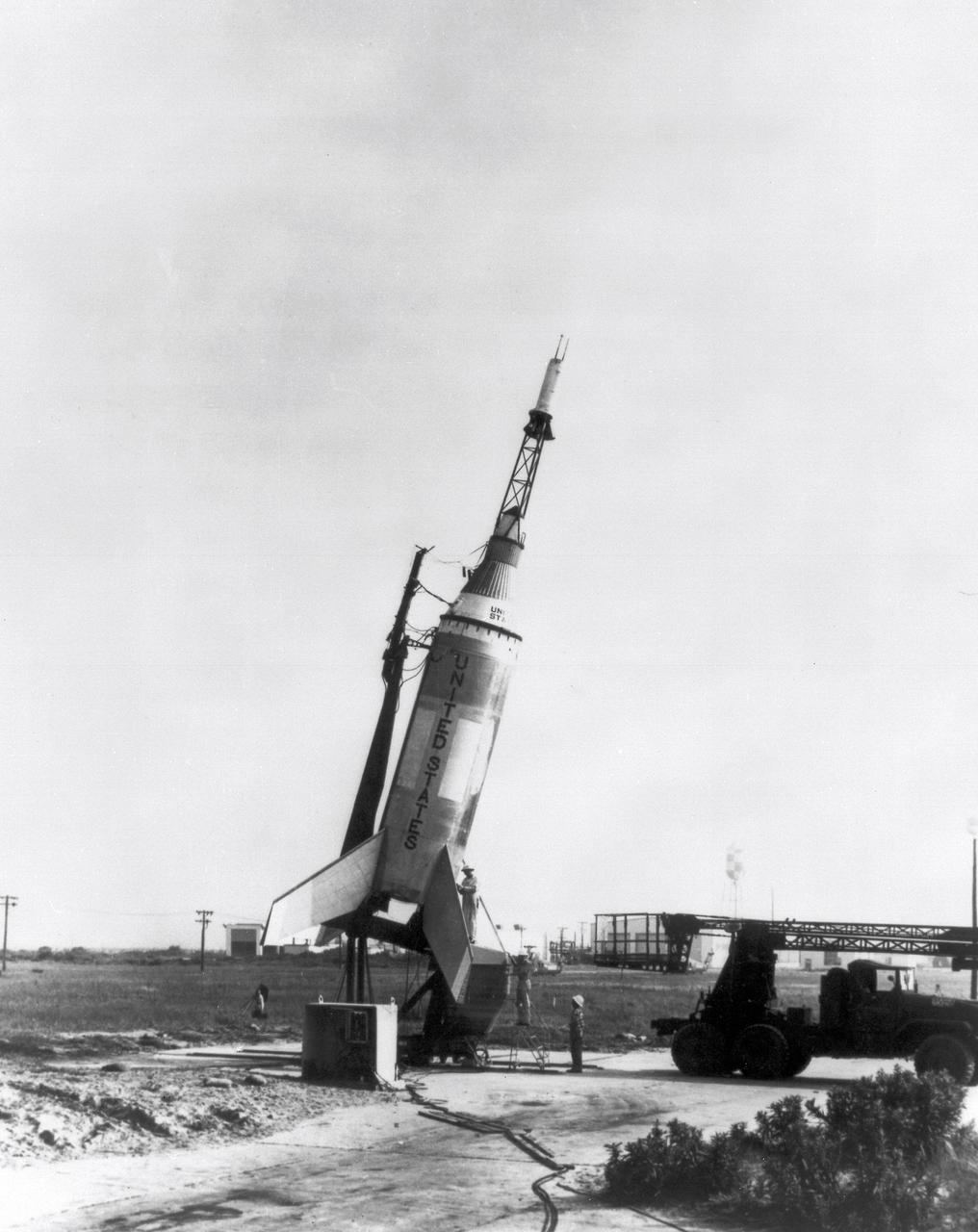 The Little Joe launch vehicle for the LJ1 mission on the launch pad at the wallops Flight Facility, Wallops Island, Virginia, on January 21, 1960. This mission achieved the suborbital Mercury cupsule test, testing of the escape system, and biomedical tests by using a monkey, named Miss Sam.