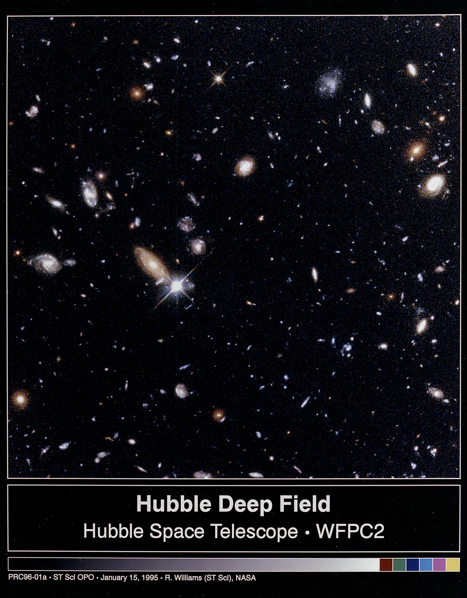 The 1995 Hubble Deep Field image showing numerous galaxies as tiny specks