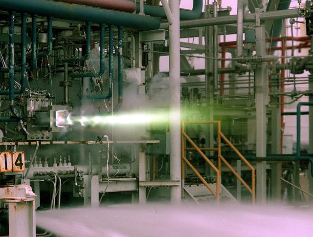 This is a photo of a 40 K Test of a single thrust cell of the Fastrac engine for the X-33, an alternate light-weight launch vehicle, at Marshall Test Stand-116. The X-33 program was cancelled in 2001.