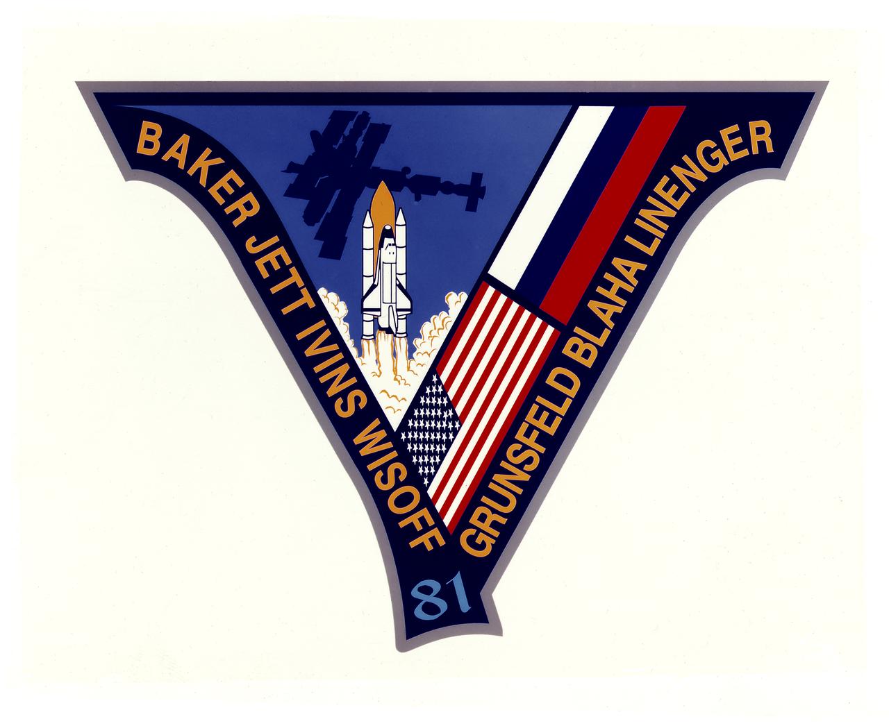 The crew patch for STS-81 , the fifth Shuttle-Mir docking mission, is shaped to represent the Roman numeral V. The Shuttle Atlantis is launching toward a rendezvous with Russia's Mir Space Station, silhouetted in the background. Atlantis and the STS-81 crew spent several days docked to Mir during which time Jerry M. Lineger (NASA-Mir-4) replaced astronaut John Blaha (NASA-Mir-3) as the U.S. crew member onboard Mir. The U.S. and Russian flags are depicted along with the names of the shuttle crew. 