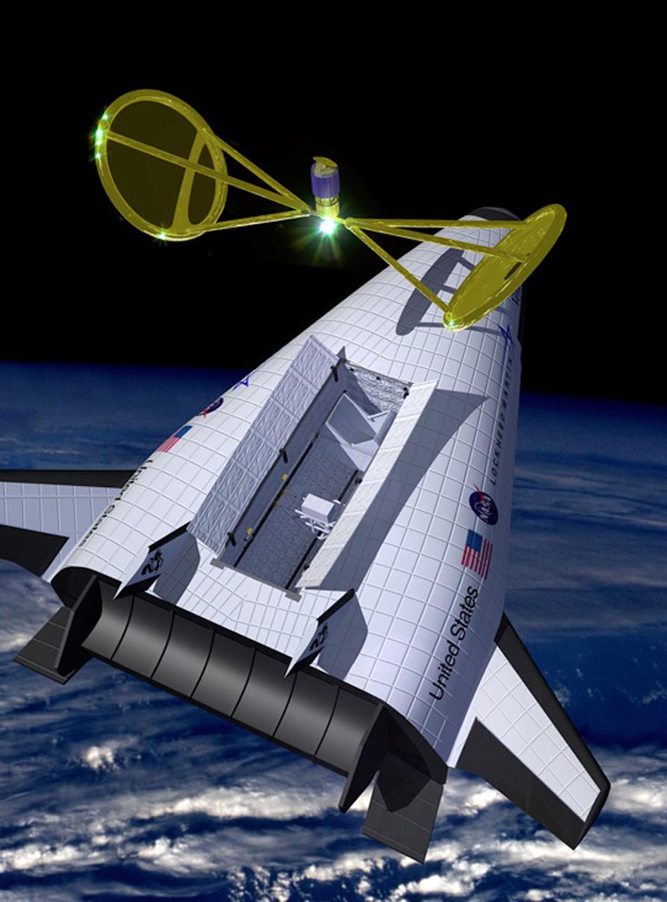 In this artist's concept, the X-33 Venture Star, a Reusable Launch Vehicle (RLV), manufactured by Lockheed Martin Skunk Works, is shown in orbit with a deployed payload. The Venture Star was one of the earliest versions of the RLV's developed to replace the aging shuttle fleet. The X-33 program was cancelled in 2001.