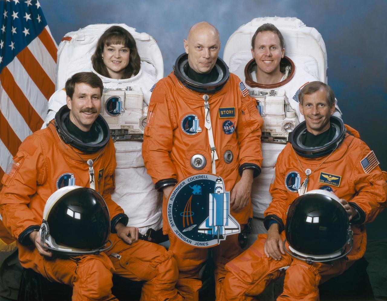 The crew assigned to the STS-79 mission included (seated left to right) Kent V. Rominger, pilot; and Kenneth D. Cockrell, commander. Standing (left to right) are mission specialists Tamara E. Jernigan, F. Story Musgrave, and Thomas D. Jones. Launched aboard the Space Shuttle Columbia on November 19, 1996 at 2:55:47 pm (EST), the STS-80 mission marked the final flight of 1996. The crew successfully deployed and operated the Orbiting and Retrievable Far and Extreme Ultraviolet Spectrometer-Shuttle Pallet Satellite II (ORFEUS-SPAS II), and deployed and retrieved the Wake Shield Facility-3 (WSF-3).