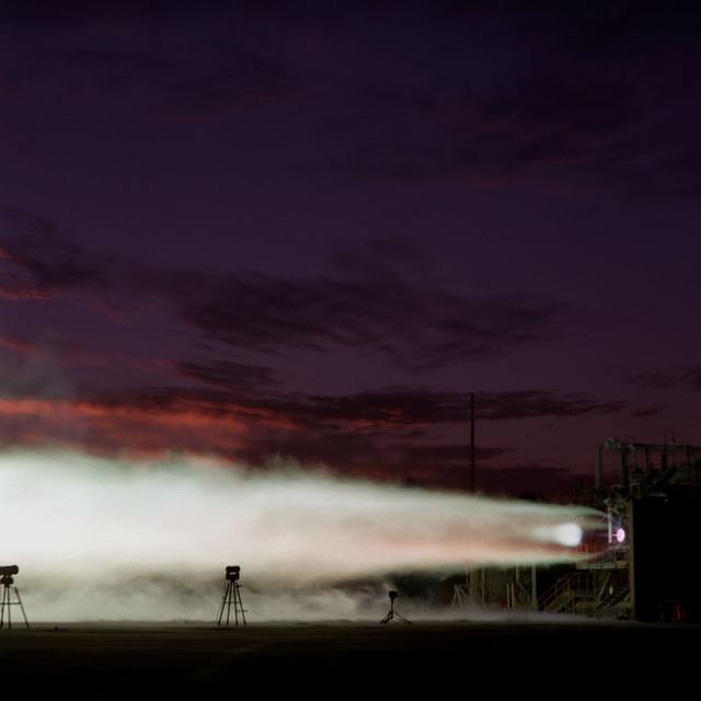 As the sun sets across the Alabama country side, engineers at Marshall's Test Stand 116 perform an endurance test on a 750K experimental engine.