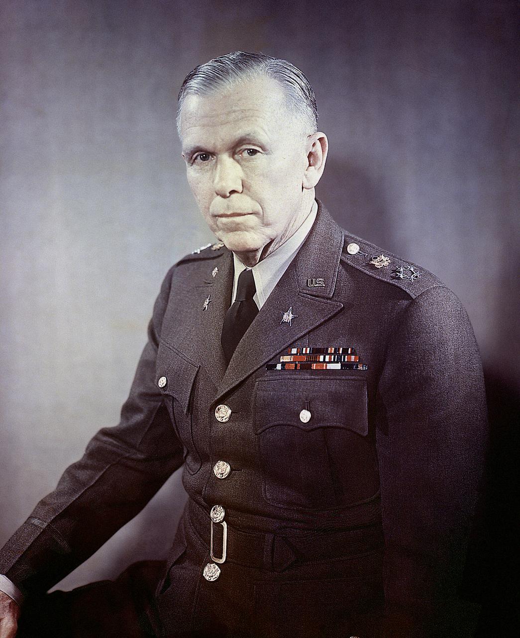 This is a portrait of General George C. Marshall in Army uniform. The Marshall Space Flight Center, a NASA field installation, was established in Huntsville, Alabama, in 1960. The Center was named in honor of General George C. Marshall, the Army Chief of Staff during World War II, Secretary of State, and Nobel Prize Winner for his world-renowned Marshall Plan.