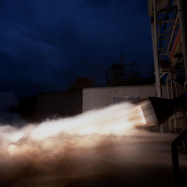 A close-up view of Bantam duration testing of the 40K Fastrac II Engine for X-34 at Marshall Space Flight Center's (MSFC) test stand 116. The Bantam test refers to the super lightweight engines of the Fastrac program. The engines were designed as part of the low cost X-34 Reusable Launch Vehicle (RLV). The testing of these engines at MSFC allowed the engineers to determine the capabilities of these engines and the metal alloys that were used in their construction. The Fastrac and X-34 programs were cancelled in 2001.