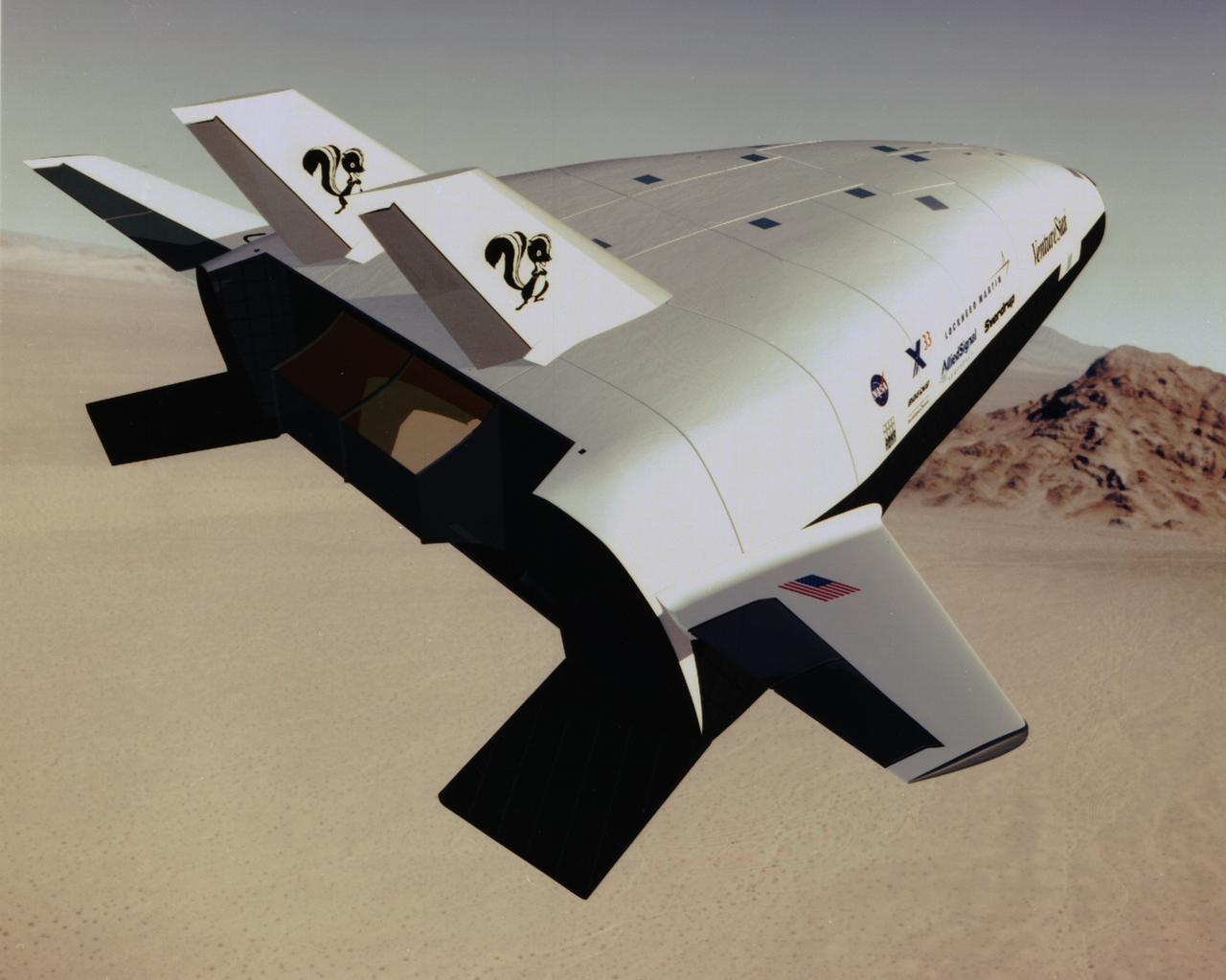 This artist’s concept is of the X-33 Advanced Technology Demonstrator, a subscale prototype Reusable Launch Vehicle (RLV), in its 1997 configuration. Named the Venture Star, this vehicle manufactured by Lockheed Martin Skunk Works, is shown in orbit with a deployed payload.  The Venture Star was one of the earliest versions of the RLV’s developed in attempt to replace the aging shuttle fleet. The X-33 program has been discontinued.