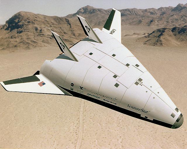 This is an artist's concept of an X-33 Advanced Technology Demonstrator, a subscale protoptye launch vehicle being developed by NASA Lockheed Martin Skunk Works. (Vehicle configuration current as of 10/97) The X-33 is a subscale prototype of a Reusable Launch Vehicle (RLV) Lockheed Martin has labeled "Venture Star TM." The X-33 program was cancelled in 2001.