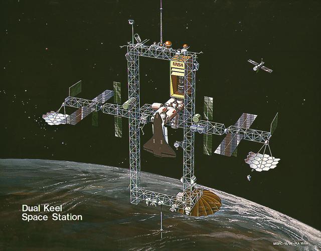 In response to President Reagan's directive to NASA to develop a permanent marned Space Station within a decade, part of the State of the Union message to Congress on January 25, 1984, NASA and the Administration adopted a phased approach to Station development. This approach provided an initial capability at reduced costs, to be followed by an enhanced Space Station capability in the future. This illustration depicts a configuration with enhanced capabilities. It builds on the horizontal boom and module pattern of the revised baseline. This configuration would feature dual keels, two vertical spines 105-meters long joined by upper and lower booms. The structure carrying the modules would become a transverse boom of a basically rectangular structure. The two new booms, 45-meters in length, would provide extensive accommodations for attached payloads, and would offer a wide field of view. Power would be increased significantly, with the addition if a 50-kW solar dynamic power system.