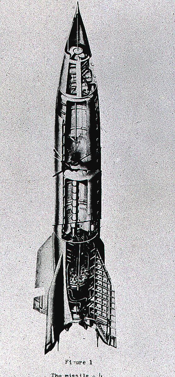 The cutaway drawing of the A-4 (Aggregate-4) rocket. Later renamed the V-2 (Vengeance Weapon-2), The rocket was developed by Dr. Wernher von Braun and the German rocket team at Peenemuende, Germany on the Baltic Sea. At the end of World War II, the team of German engineers and scientists came to the United States and continued rocket research for the Army at Fort Bliss, Texas, and Redstone Arsenal in Huntsville, Alabama.